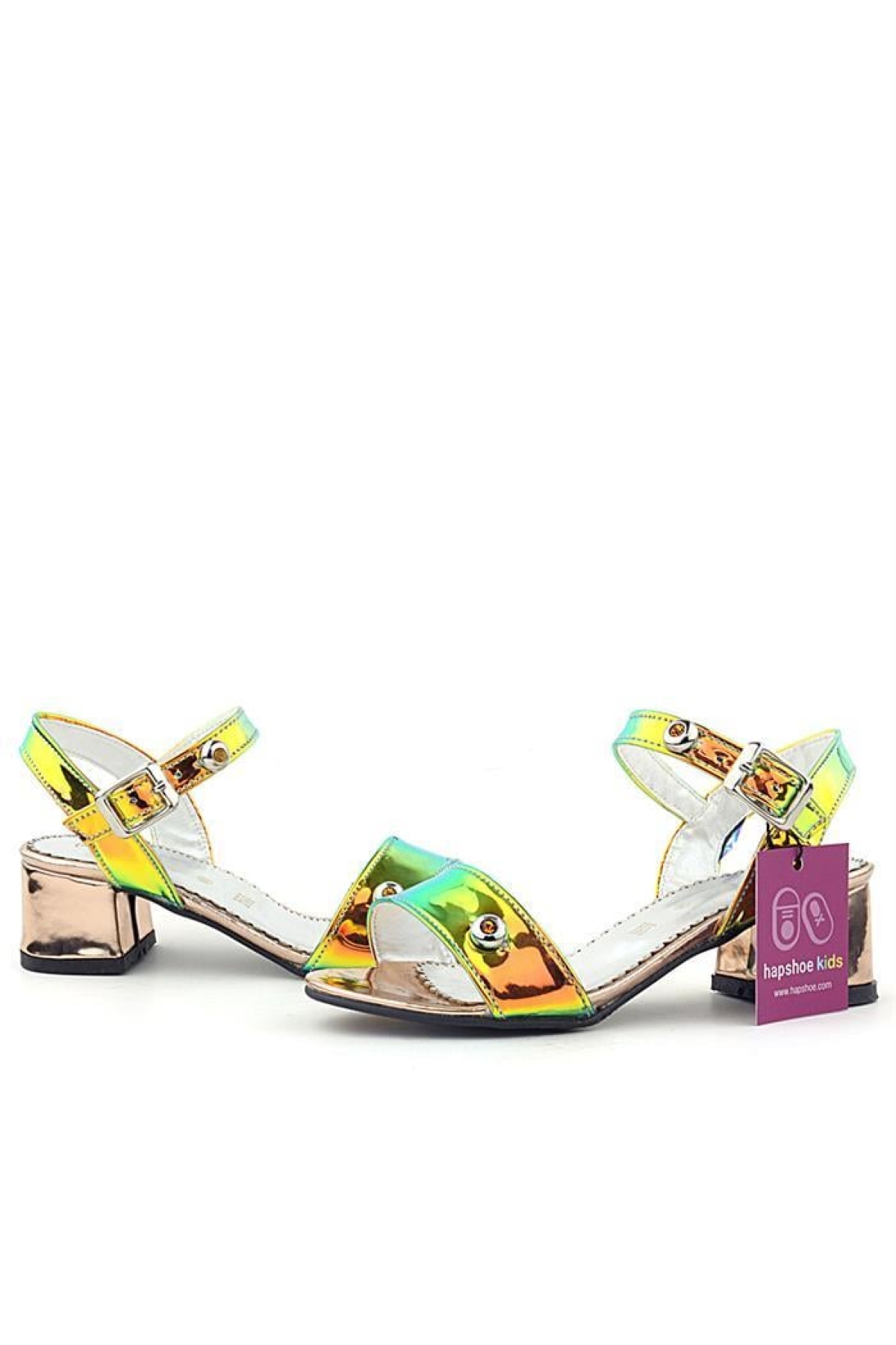 Pony Hologram Bakır Yeşil Kalın Topuklu Kız Çocuk Taş Detaylı Abiye Ayakkabı - Görsel 6