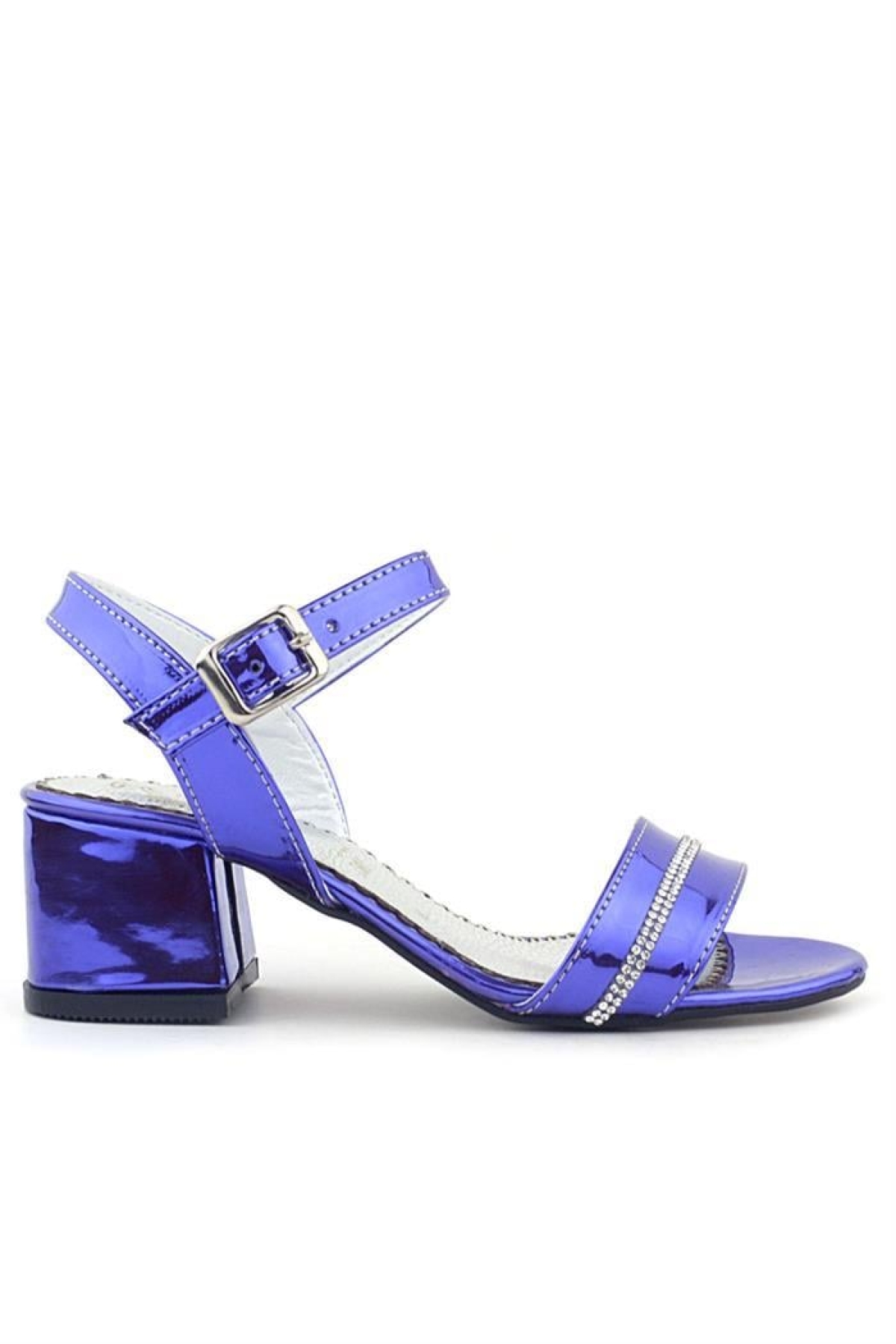 Pony Mor Aynalı Kalın Topuklu Parlak Taşlı Kız Çocuk Abiye Ayakkabı - Görsel 3