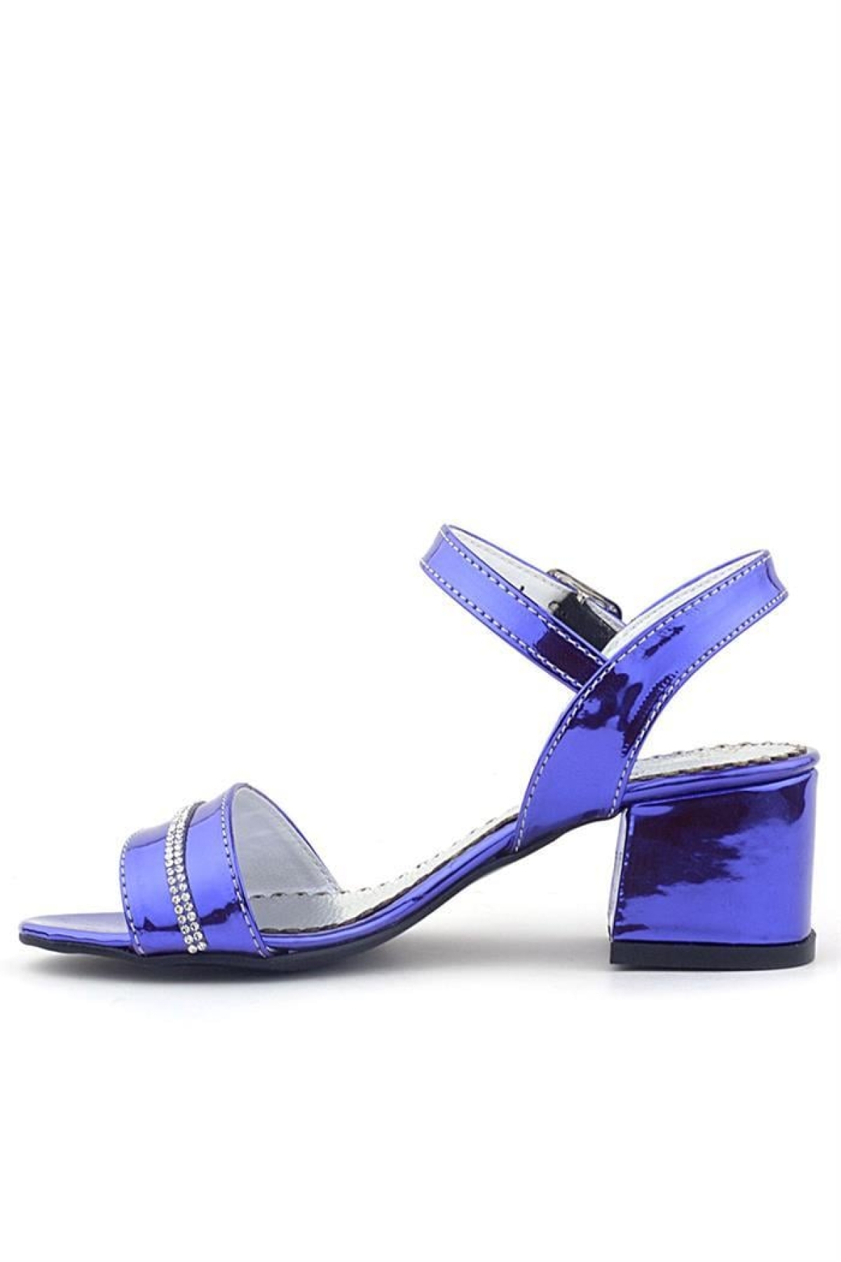 Pony Mor Aynalı Kalın Topuklu Parlak Taşlı Kız Çocuk Abiye Ayakkabı - Görsel 4