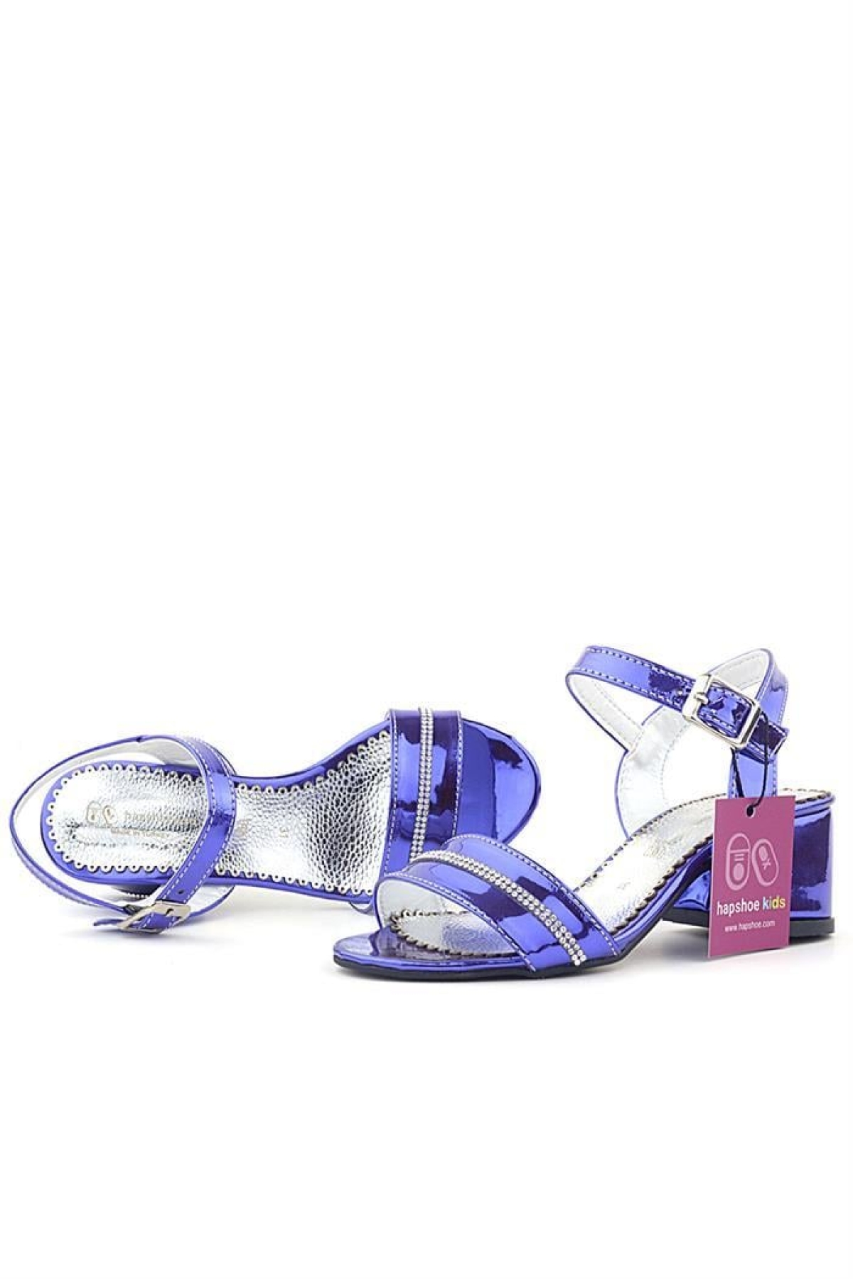 Pony Mor Aynalı Kalın Topuklu Parlak Taşlı Kız Çocuk Abiye Ayakkabı - Görsel 7