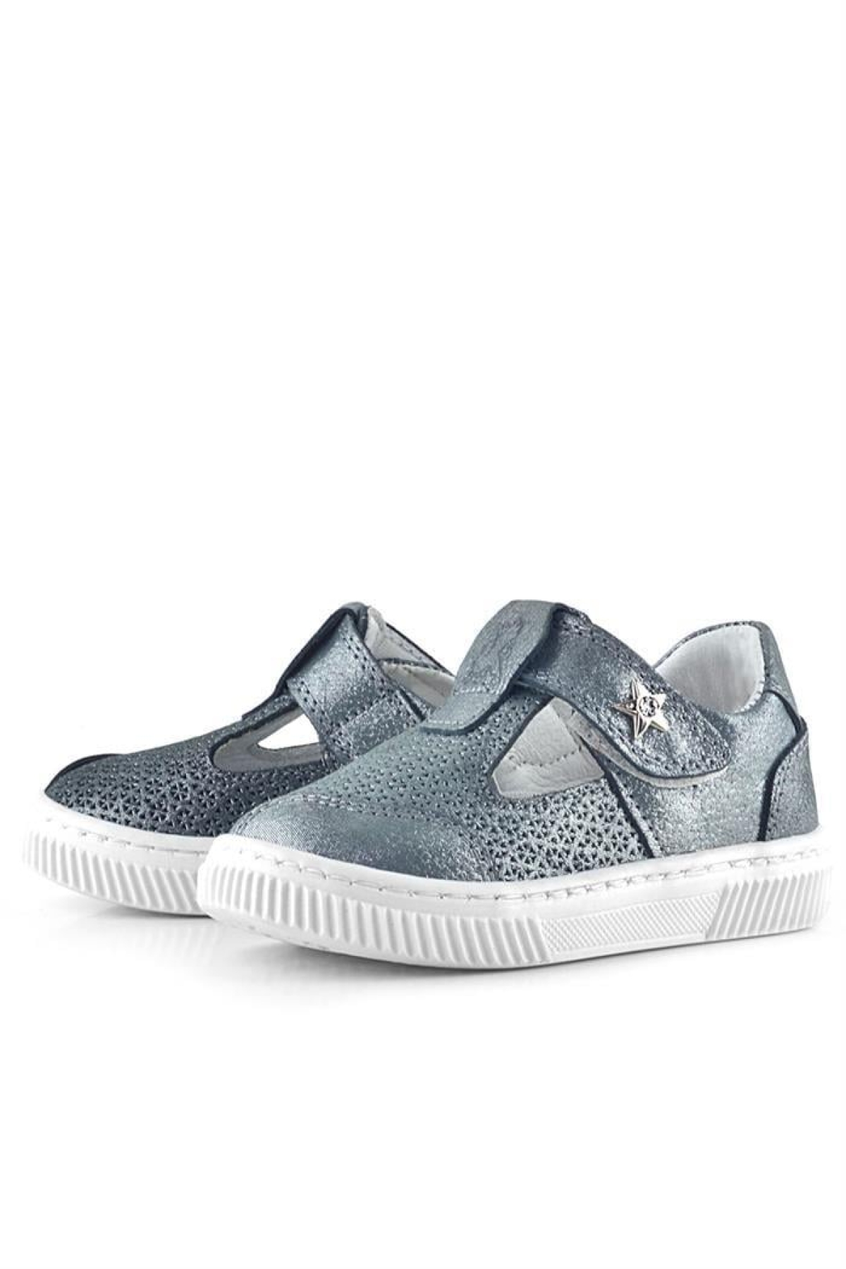 Bheem Hakiki Deri Gümüş Simli Cırtlı Yıldız Detaylı Bebek Sandalet - Görsel 7