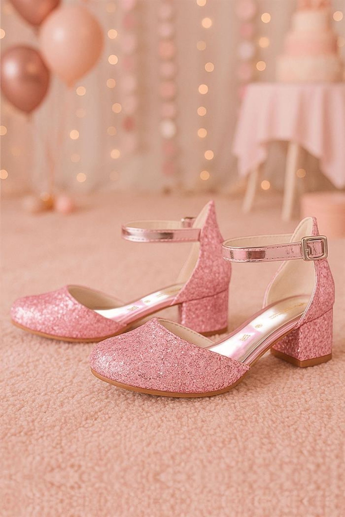 Merida Parlak Pembe Kalın Topuklu Taşlı Kız Çocuk Topuklu Ayakkabı - Görsel 3
