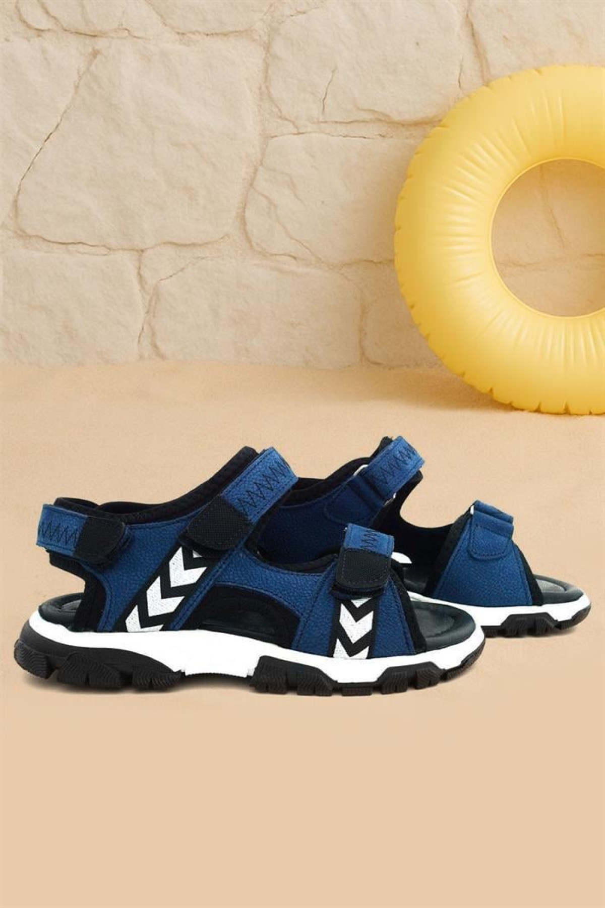 Hakiki Deri Mavi Siyah Cırt Cırtlı Erkek Çocuk Sandalet - Görsel 3