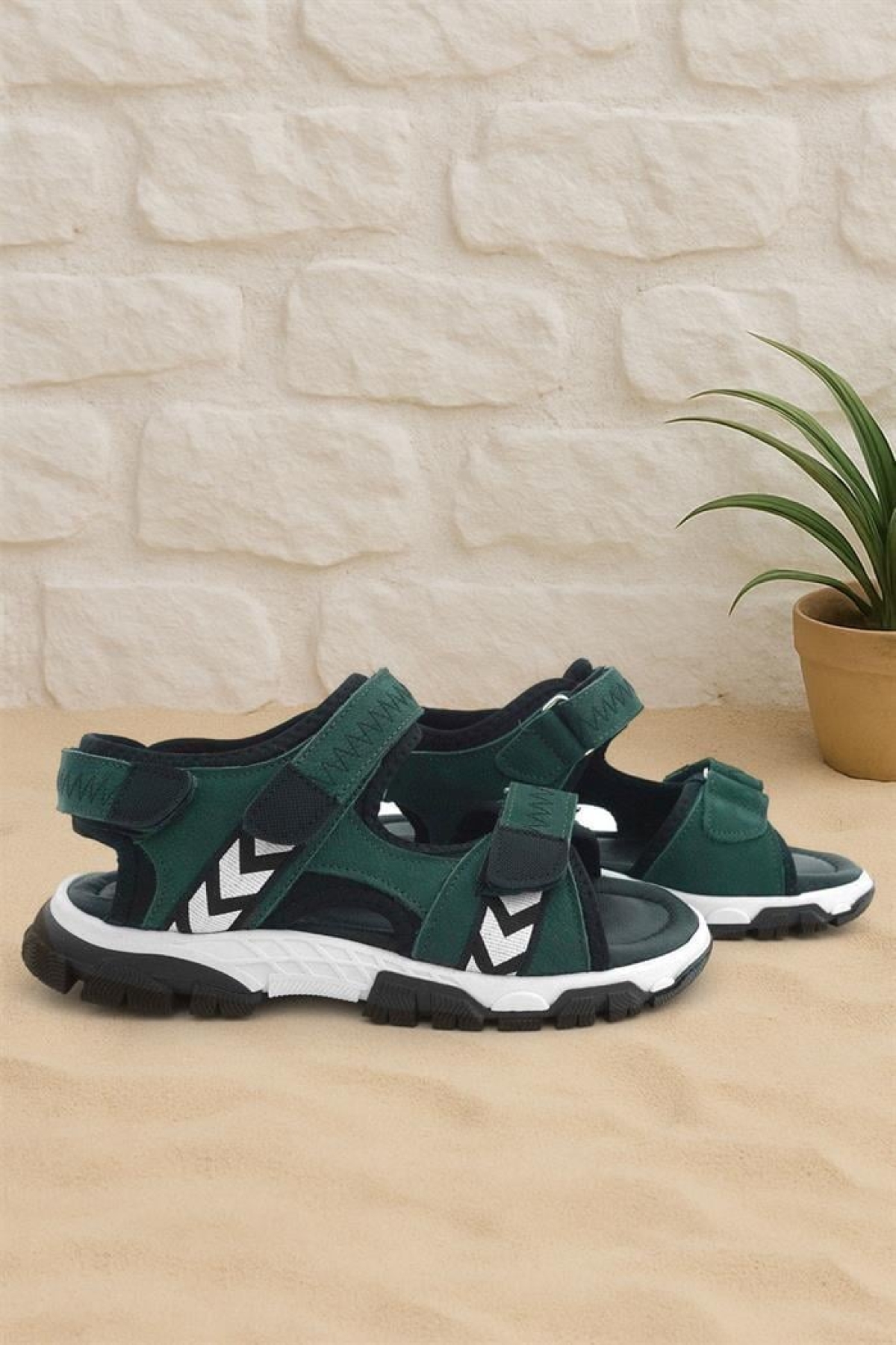 Hakiki Deri Yeşil Siyah Cırt Cırtlı Erkek Çocuk Sandalet - Görsel 2