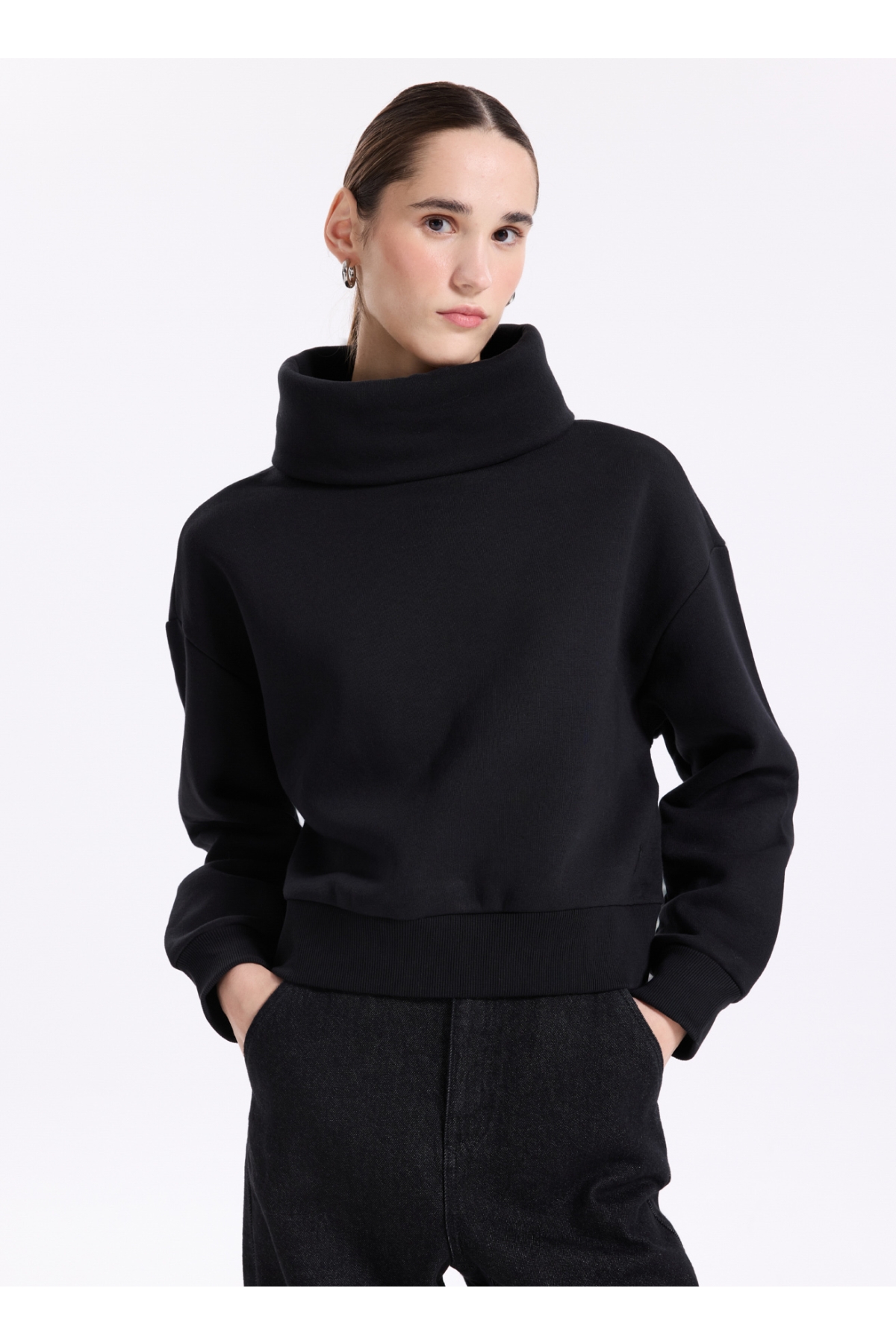 Fabrika Siyah Kadın Dik Yaka Düz Sweatshirt VEJA — 3