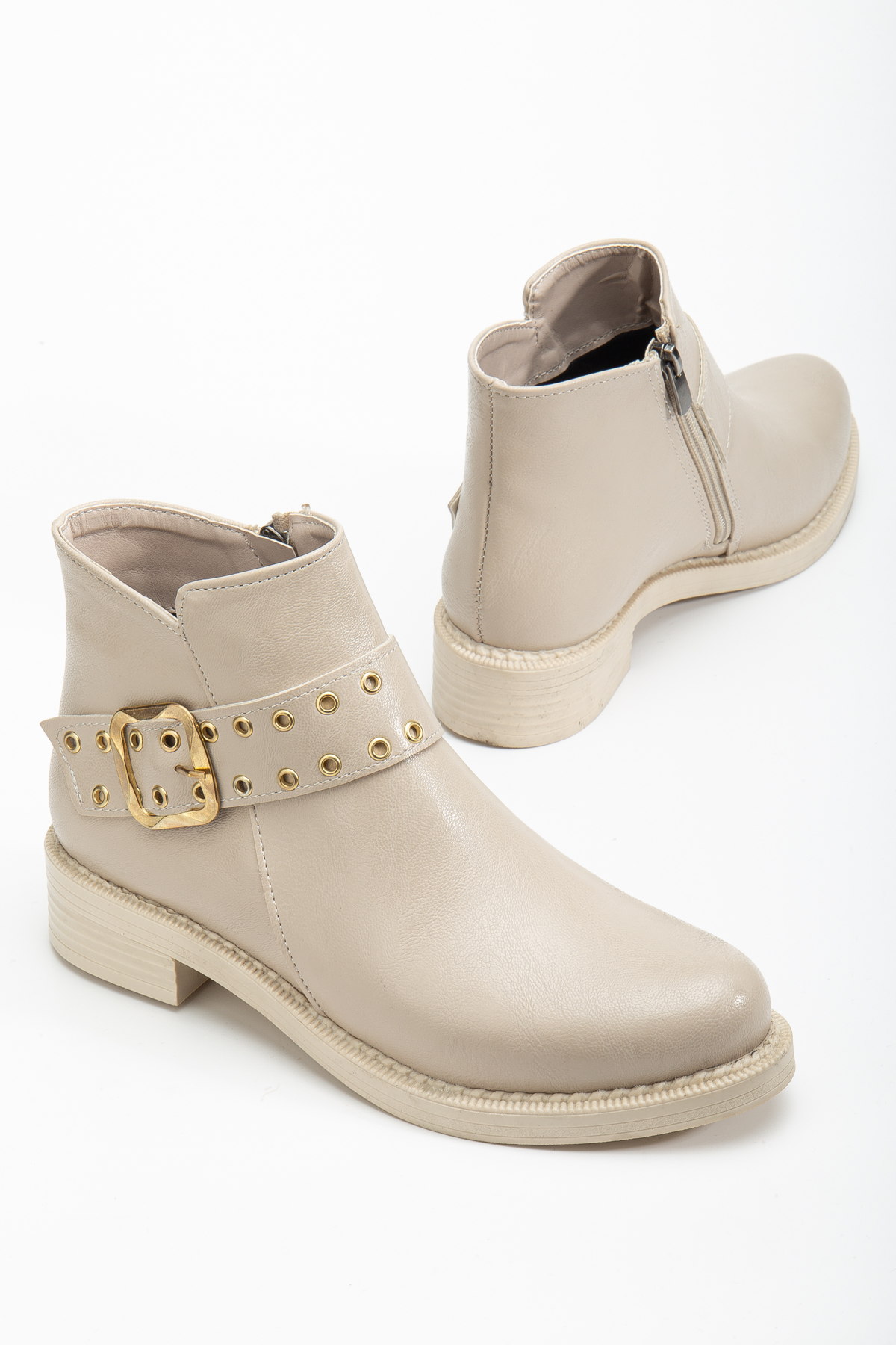 Kadın Bej Cilt Kalın Termo Taban Kemer Toka Detaylı Fermuarlı Bot - Görsel 3