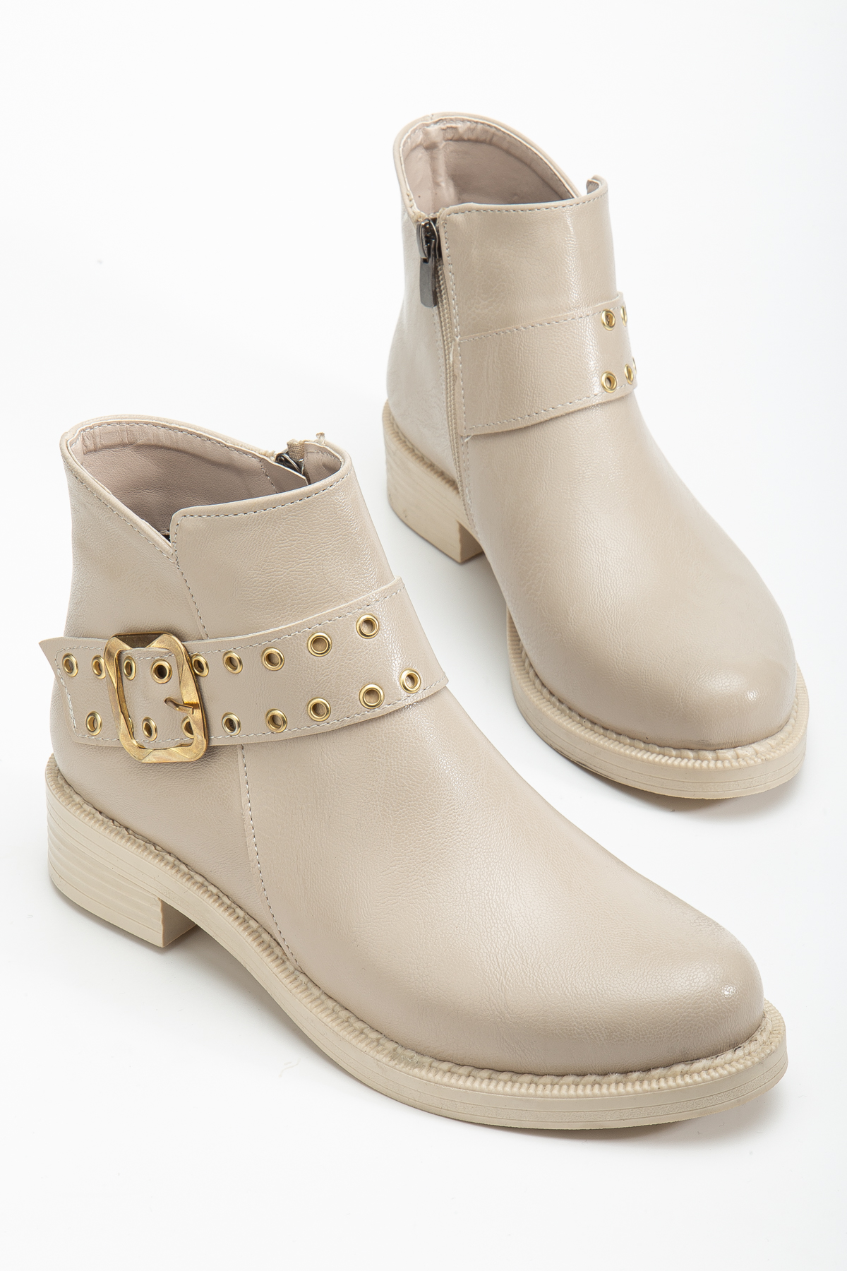 Kadın Bej Cilt Kalın Termo Taban Kemer Toka Detaylı Fermuarlı Bot - Görsel 4