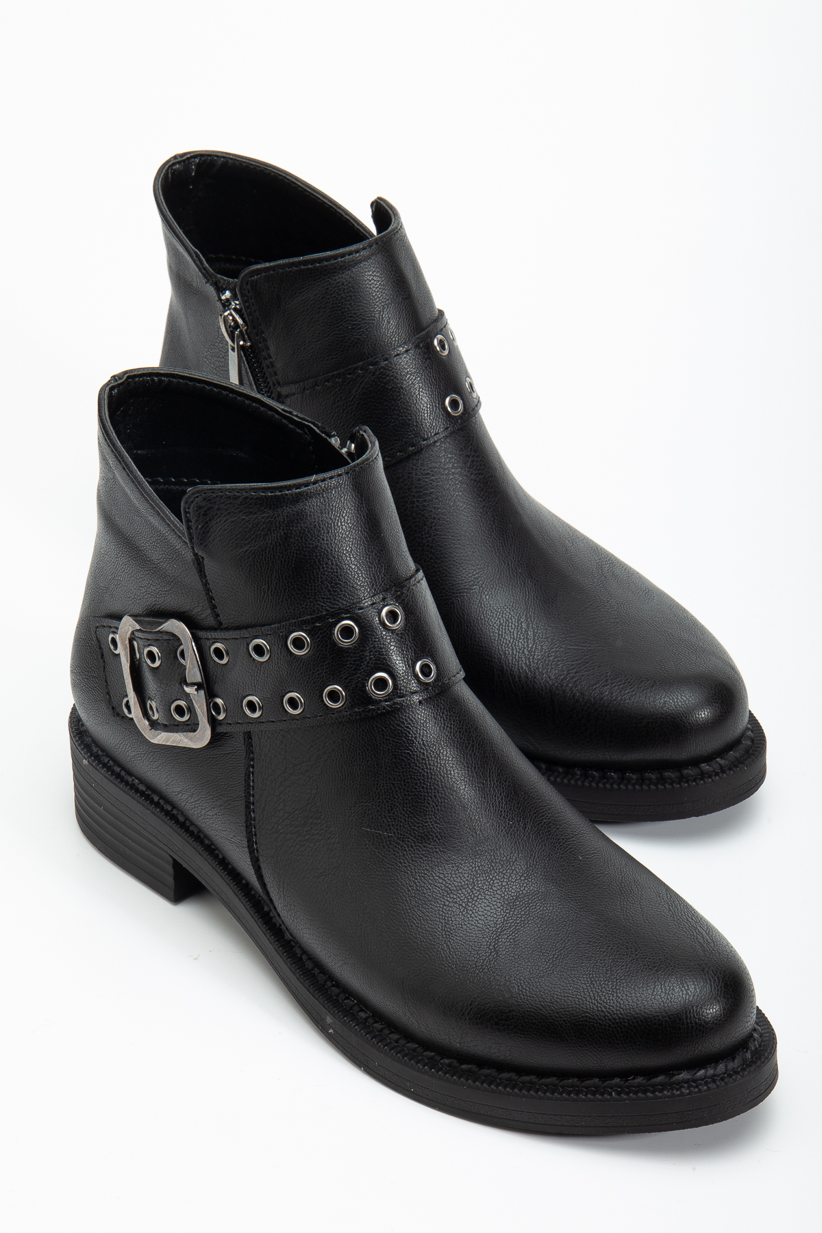 Kadın Siyah Cilt Kalın Termo Taban Kemer Toka Detaylı Fermuarlı Bot - Görsel 3