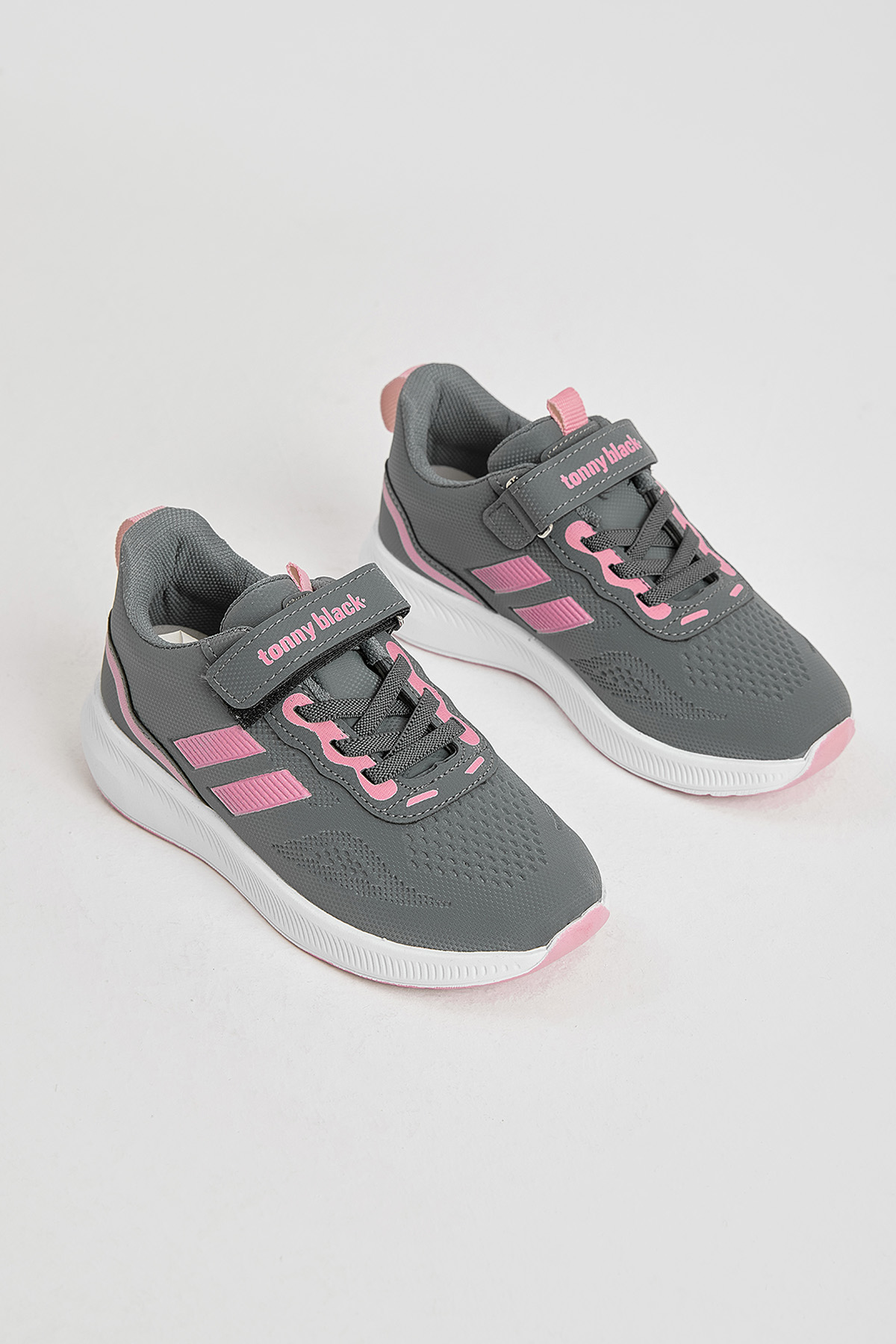Çocuk Unisex Füme Pembe Eva Taban Yanı Şeritli File Detaylı Cırtlı Spor Ayakkabı - Görsel 2