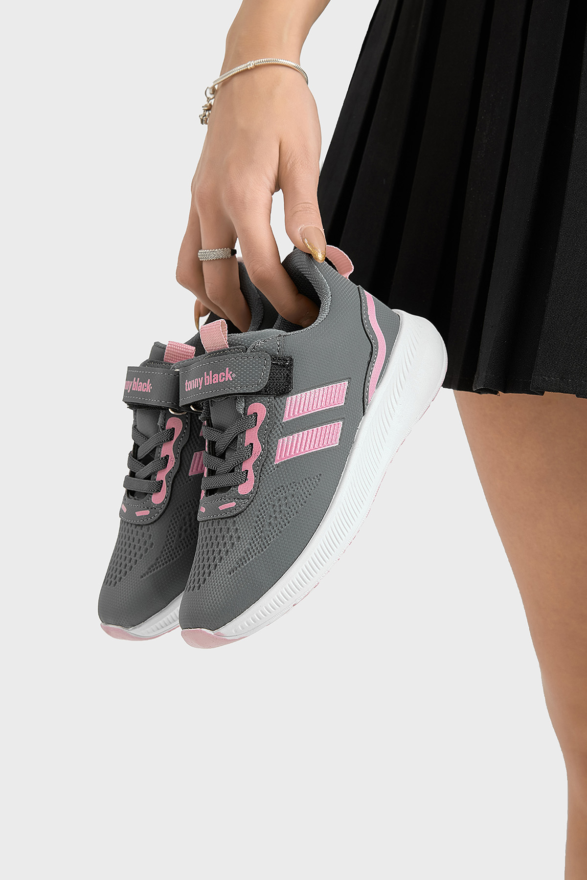 Çocuk Unisex Füme Pembe Eva Taban Yanı Şeritli File Detaylı Cırtlı Spor Ayakkabı - Görsel 4