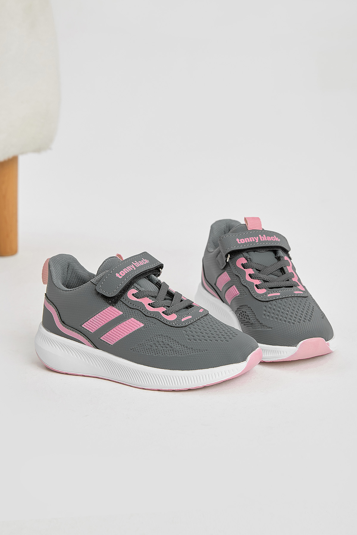Çocuk Unisex Füme Pembe Eva Taban Yanı Şeritli File Detaylı Cırtlı Spor Ayakkabı - Görsel 5