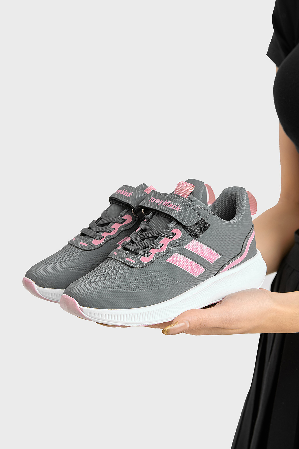 Çocuk Unisex Füme Pembe Eva Taban Yanı Şeritli File Detaylı Cırtlı Spor Ayakkabı - Görsel 6