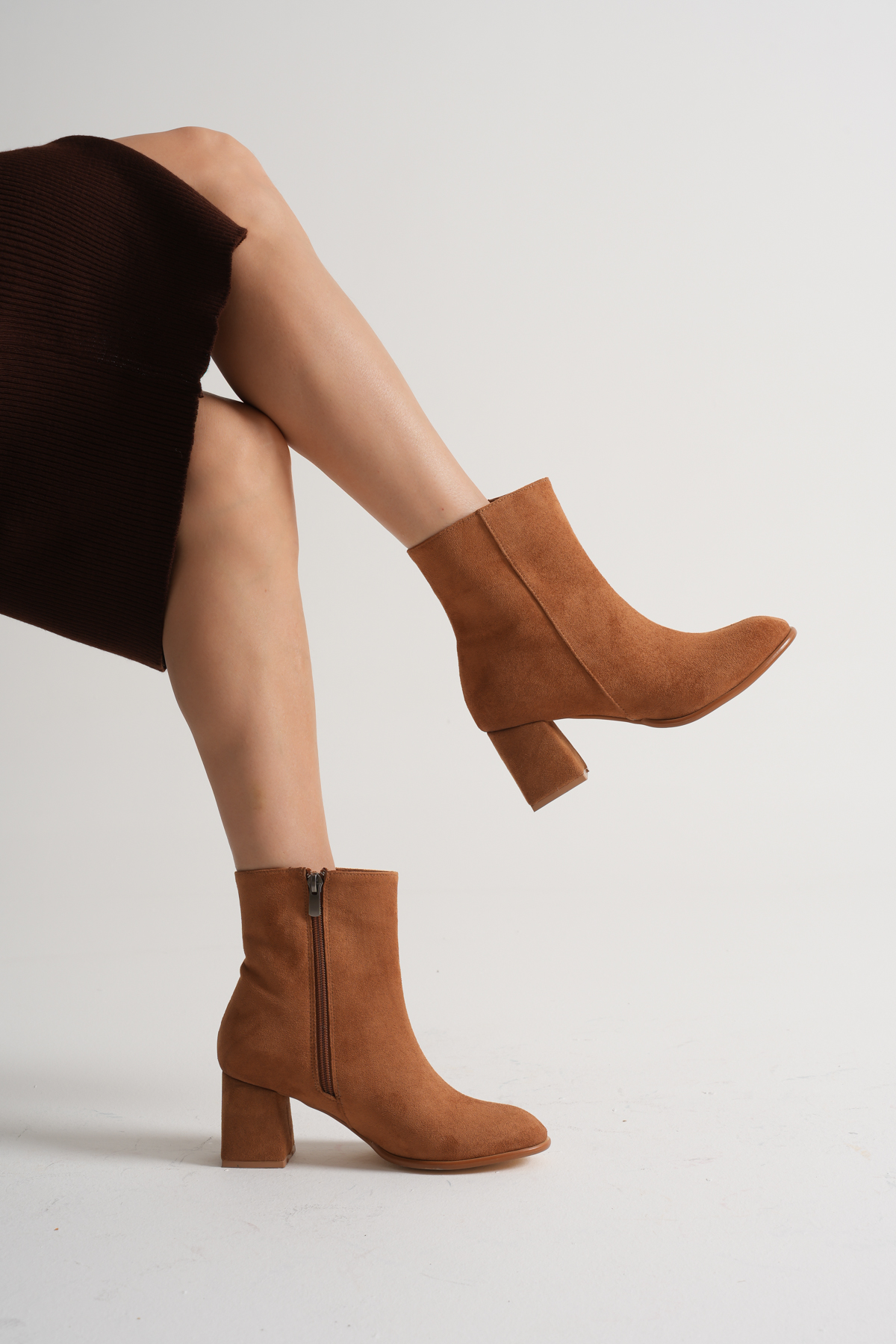 Kadın Taba Neolit Taban Süet Görünümlü Fermuarlı Kalın Topuklu Bot - Görsel 4