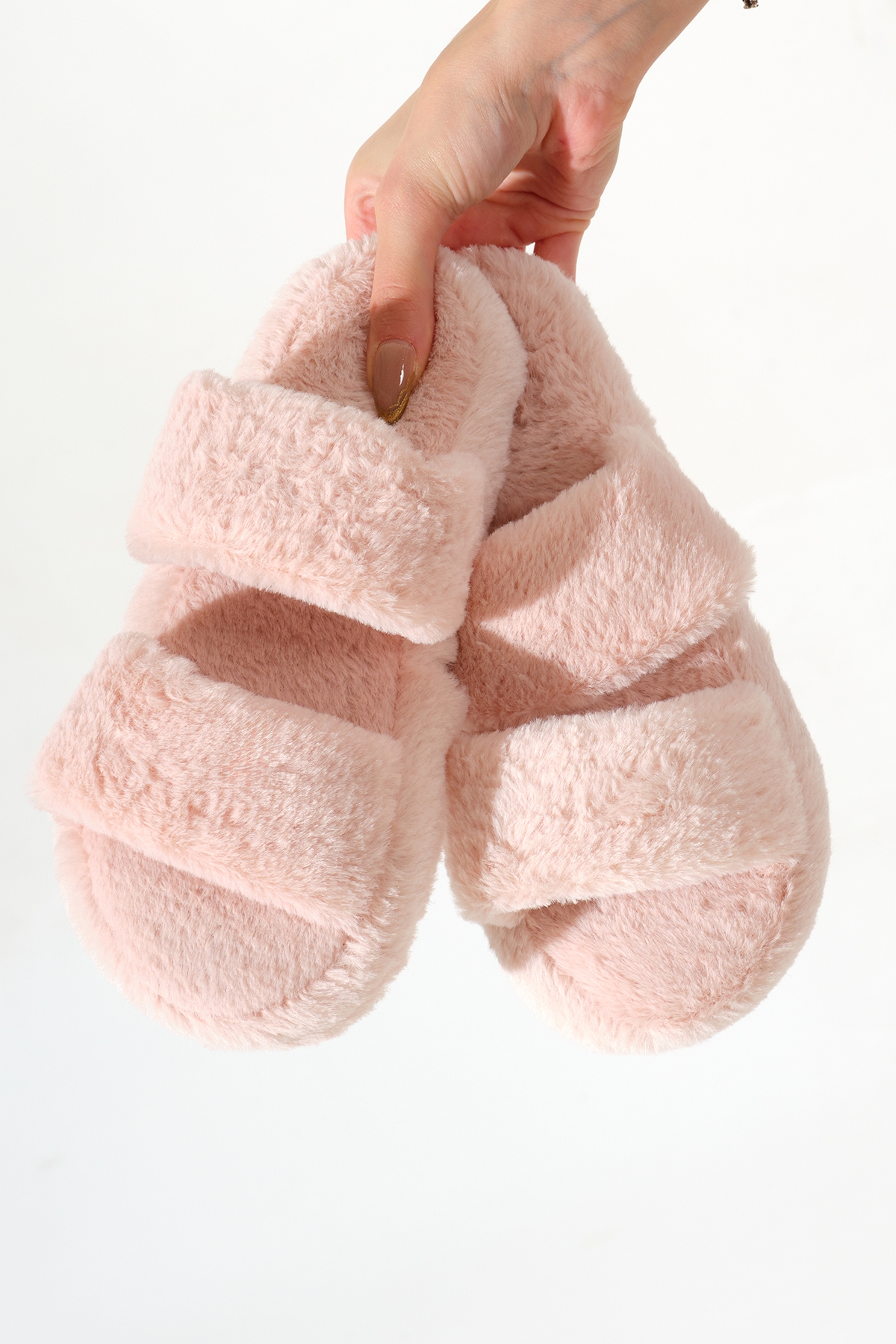 Kadın Pembe Çift Bantlı Peluş Ev Terliği - Görsel 3