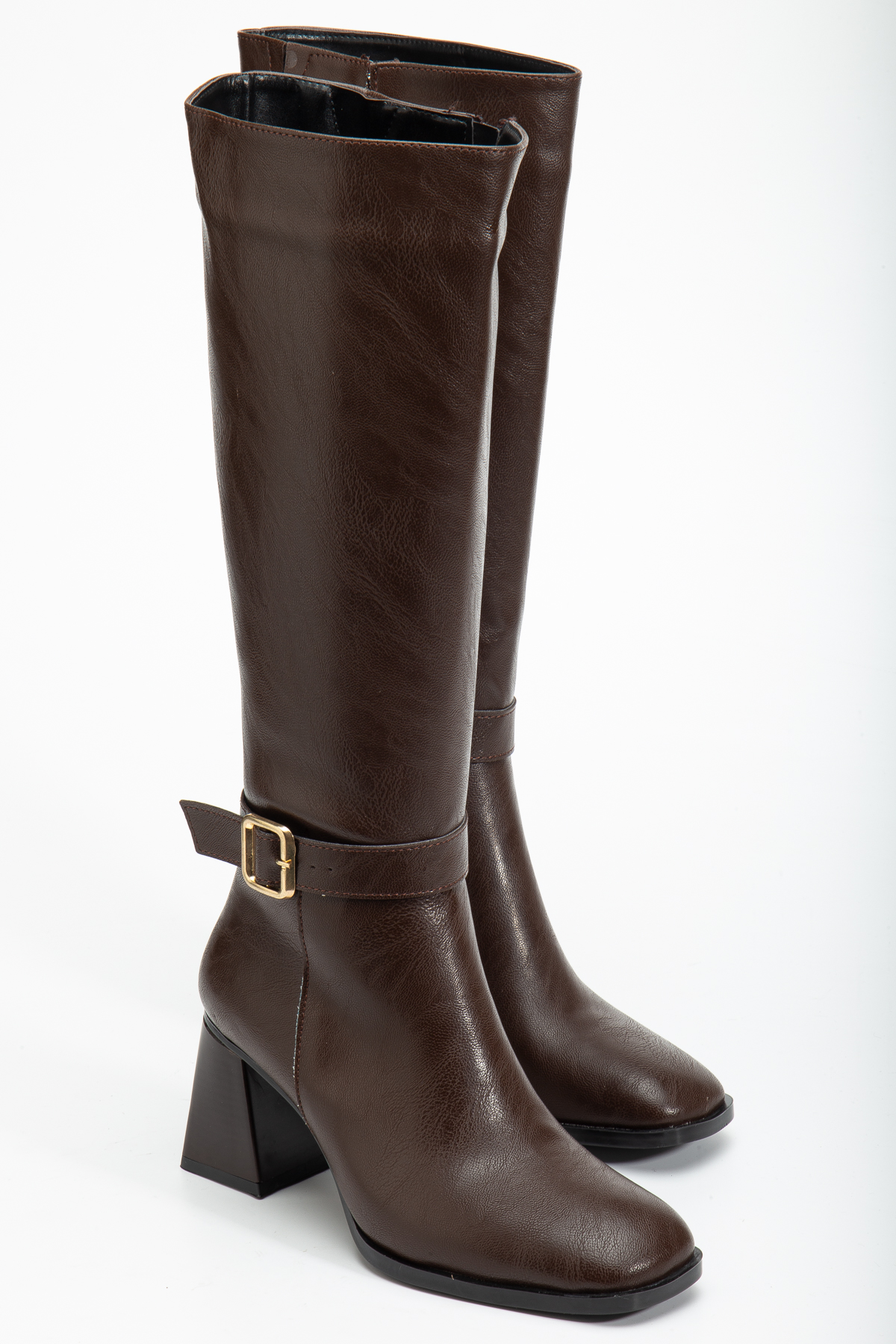 Kadın Kahve Cilt TPU Taban Kemer Tokalı Fermuarlı Topuklu Çizme - Görsel 4