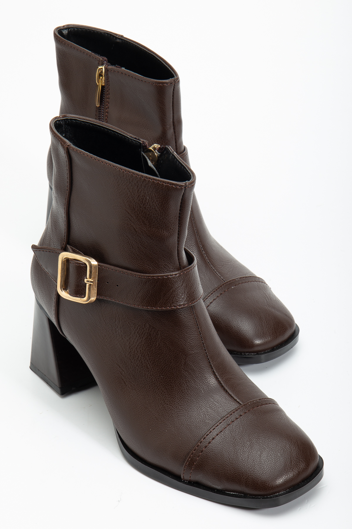 Kadın Kahve Cilt TPU Taban Kemer Toka Detaylı Fermuarlı Topuklu Bot - Görsel 3