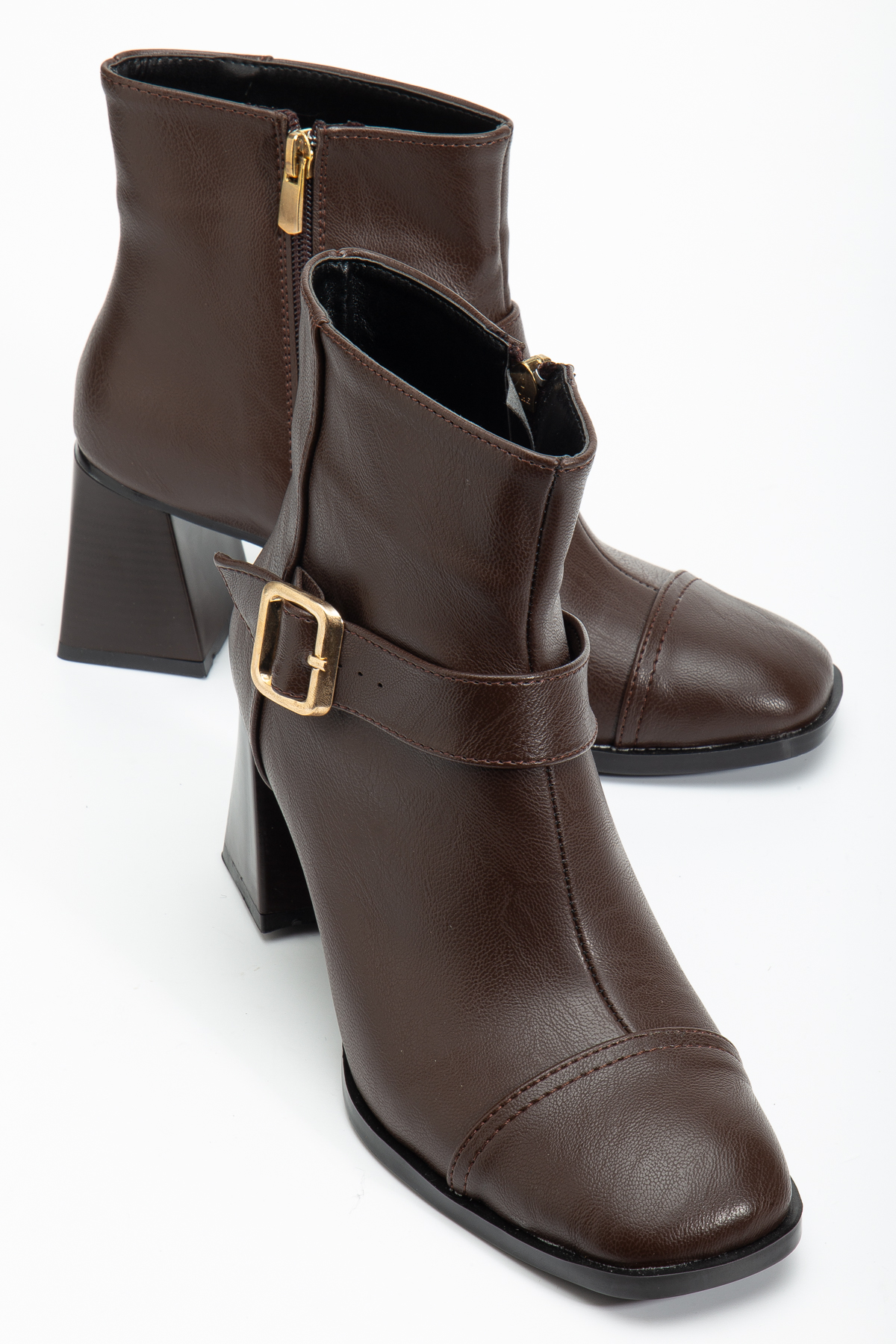 Kadın Kahve Cilt TPU Taban Kemer Toka Detaylı Fermuarlı Topuklu Bot - Görsel 4