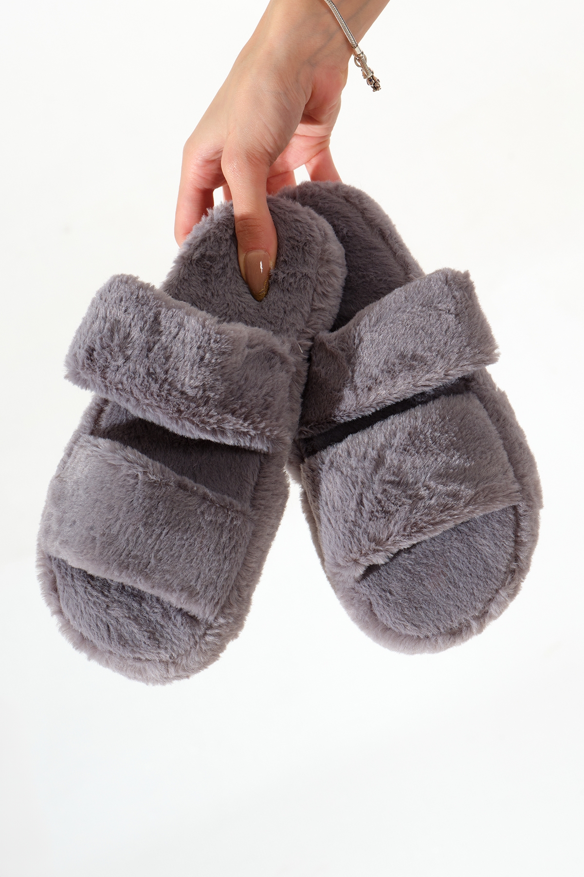 Kadın Füme Çift Bantlı Peluş Ev Terliği - Görsel 3