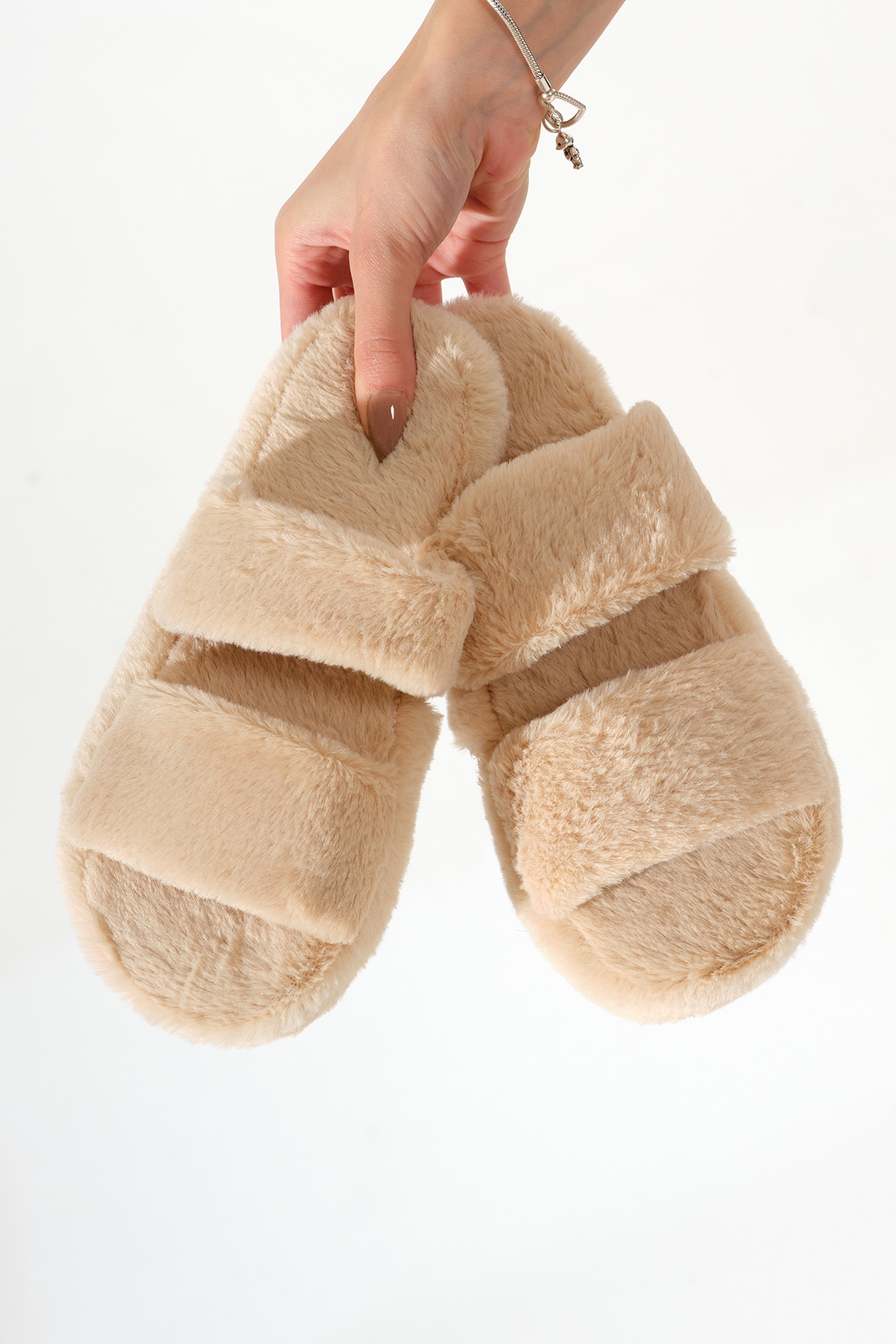 Kadın Bej Çift Bantlı Peluş Ev Terliği - Görsel 3