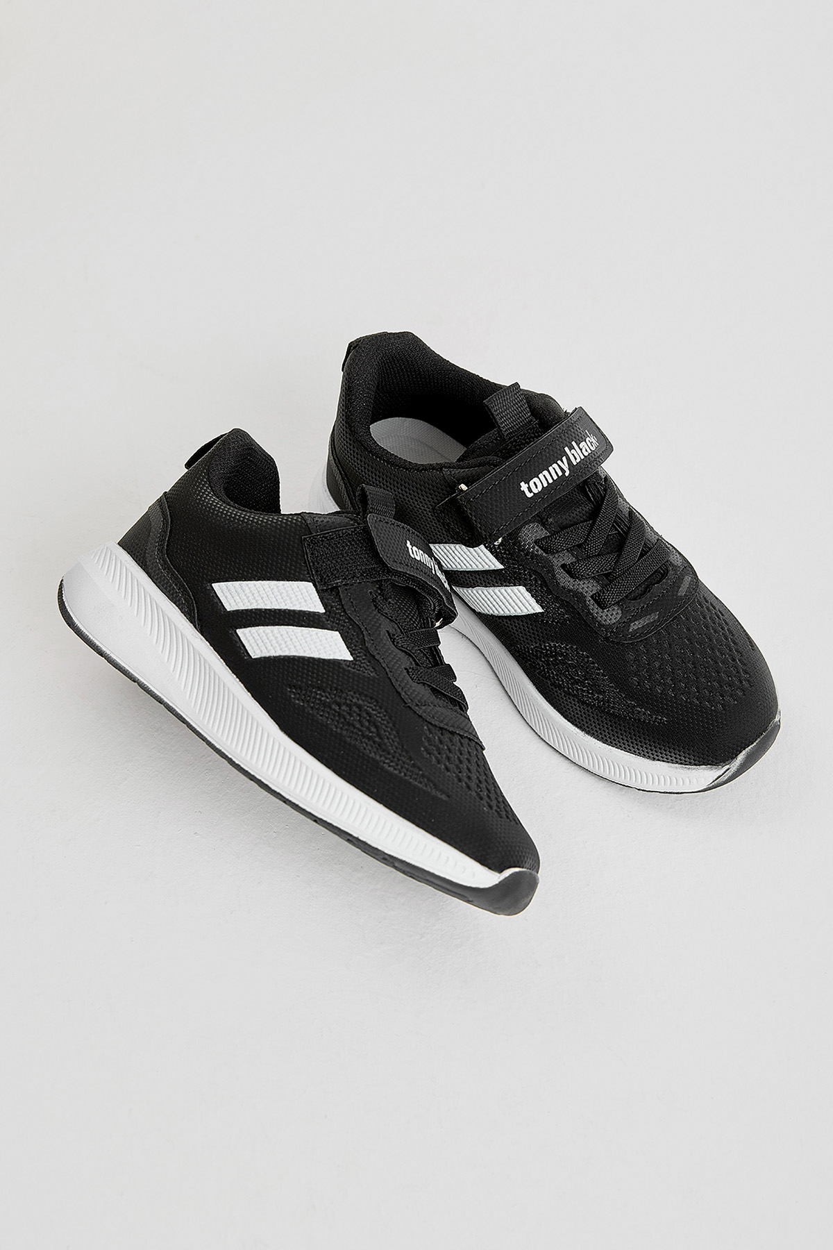 Çocuk Unisex Siyah Beyaz Eva Taban Yanı Şeritli File Detaylı Cırtlı Spor Ayakkabı - Görsel 6