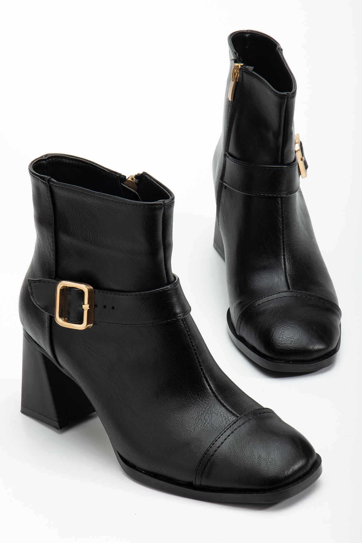 Kadın Siyah Cilt TPU Taban Kemer Toka Detaylı Fermuarlı Topuklu Bot - Görsel 3