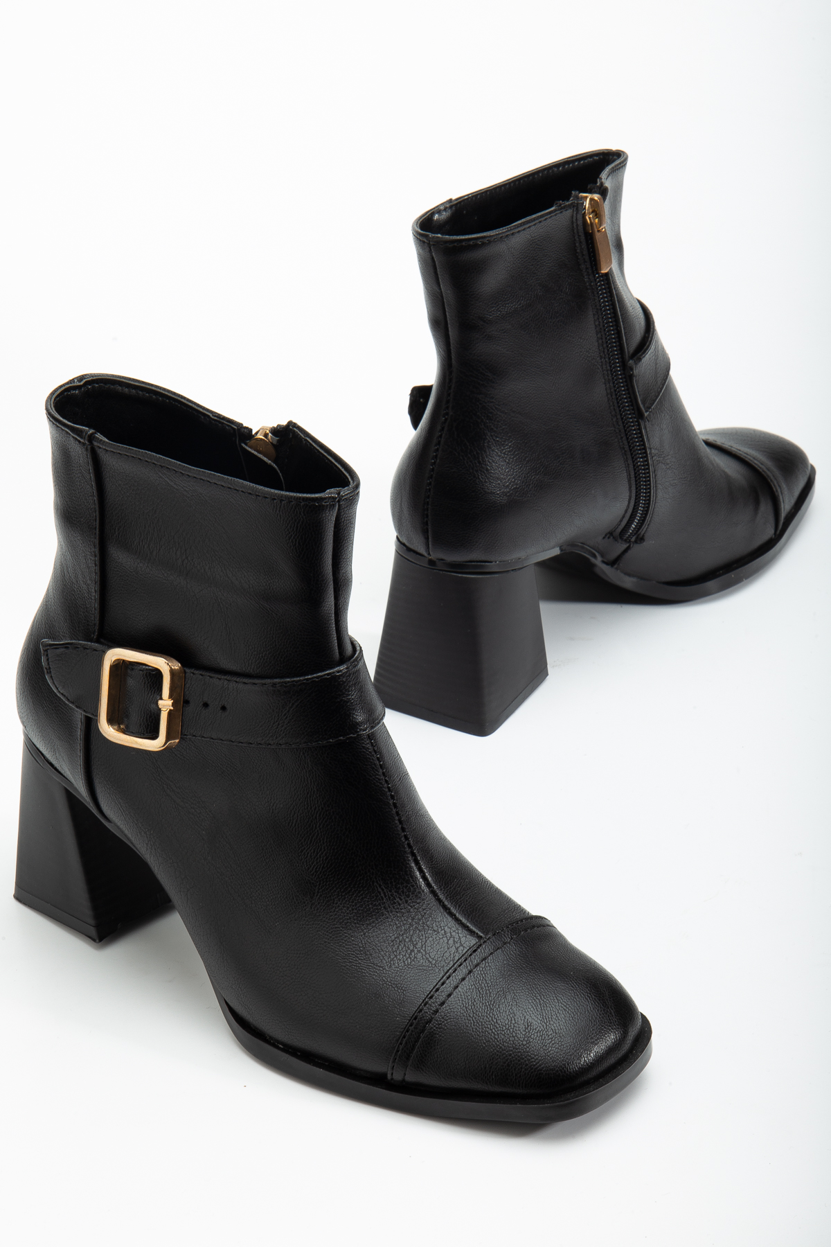 Kadın Siyah Cilt TPU Taban Kemer Toka Detaylı Fermuarlı Topuklu Bot - Görsel 4