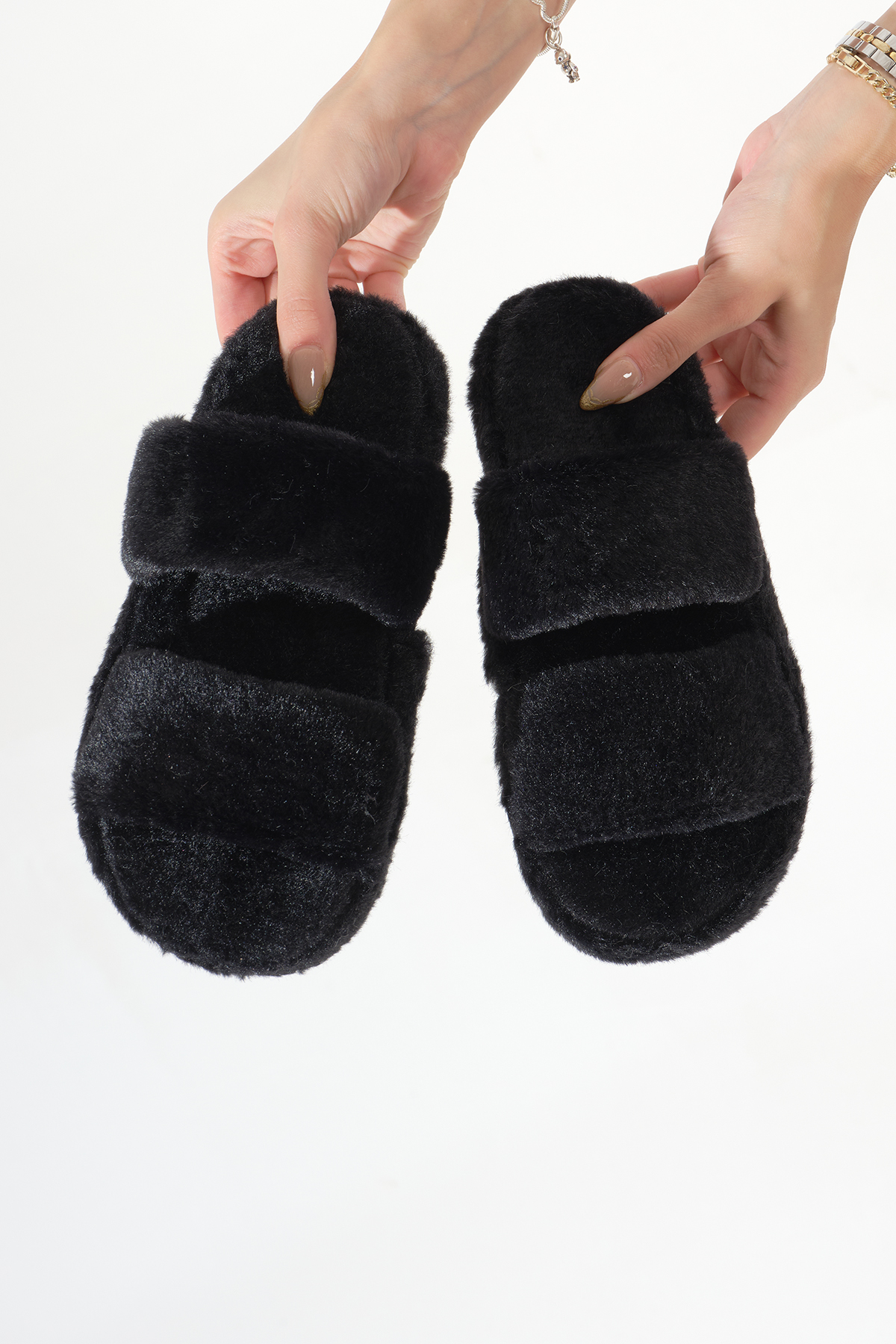 Kadın Siyah Çift Bantlı Peluş Ev Terliği - Görsel 3