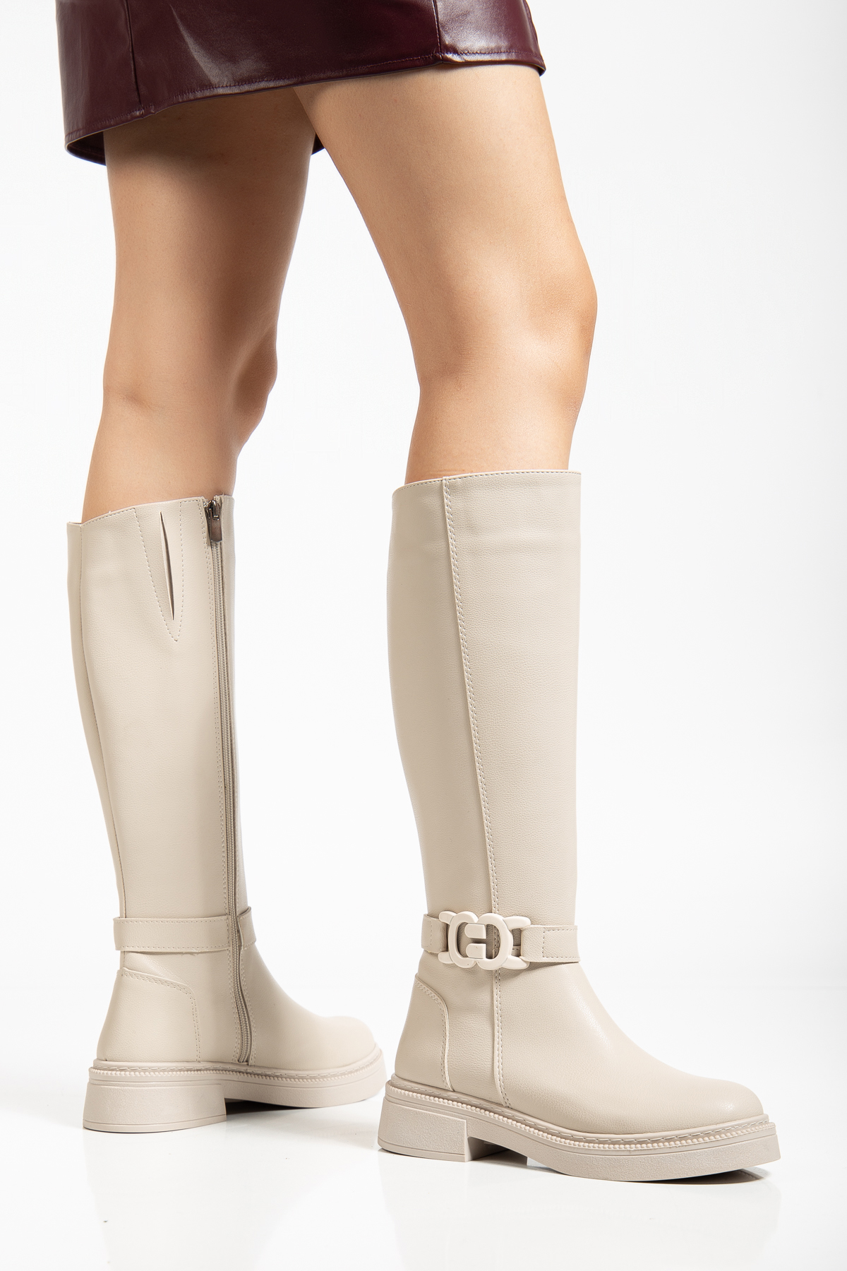Kadın Bej Cilt Kalın Termo Taban Tokalı Fermuarlı Çizme - Görsel 2