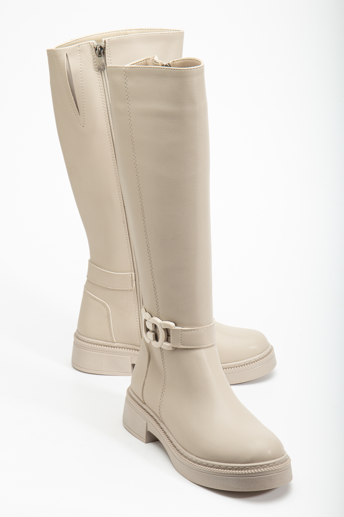 Kadın Bej Cilt Kalın Termo Taban Tokalı Fermuarlı Çizme - Görsel 3