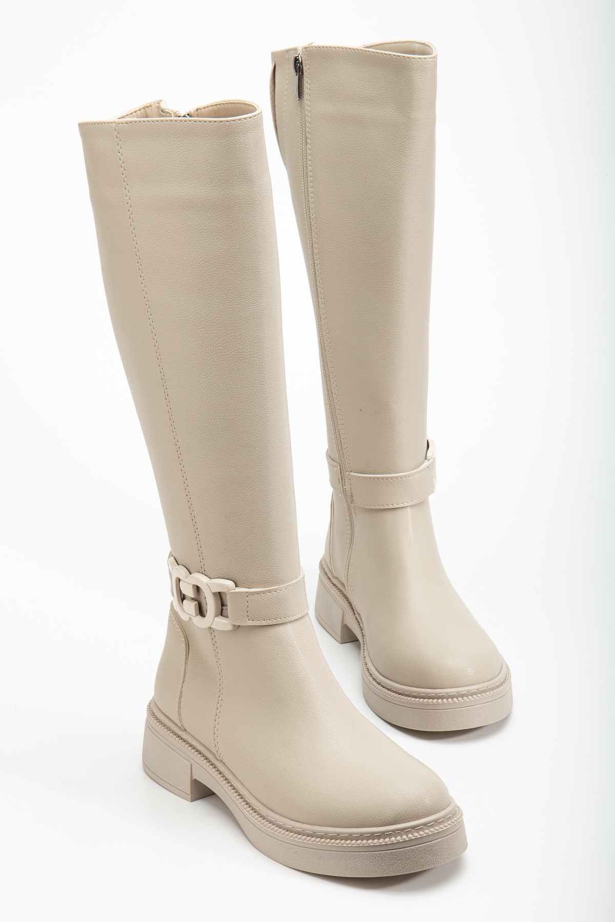 Kadın Bej Cilt Kalın Termo Taban Tokalı Fermuarlı Çizme - Görsel 4