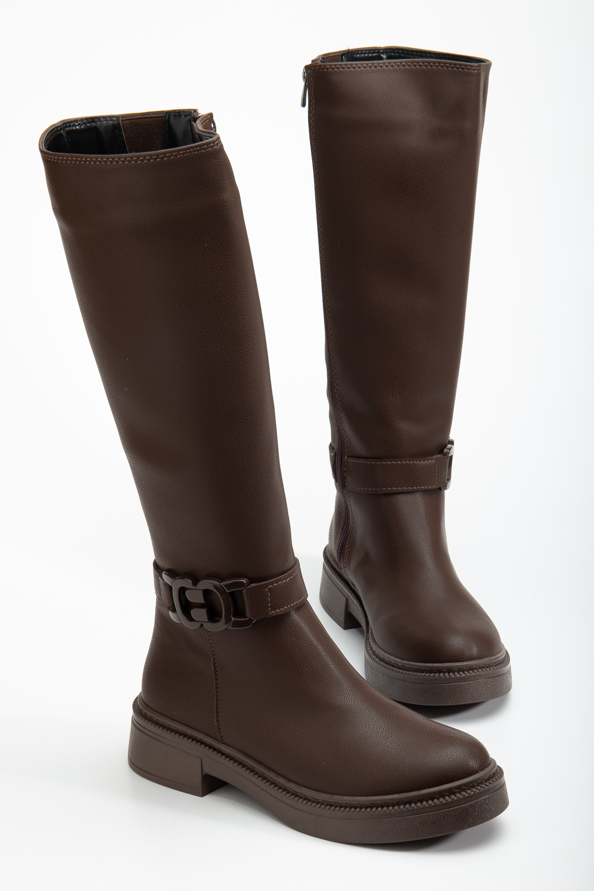 Kadın Kahve Cilt Kalın Termo Taban Tokalı Fermuarlı Çizme - Görsel 3