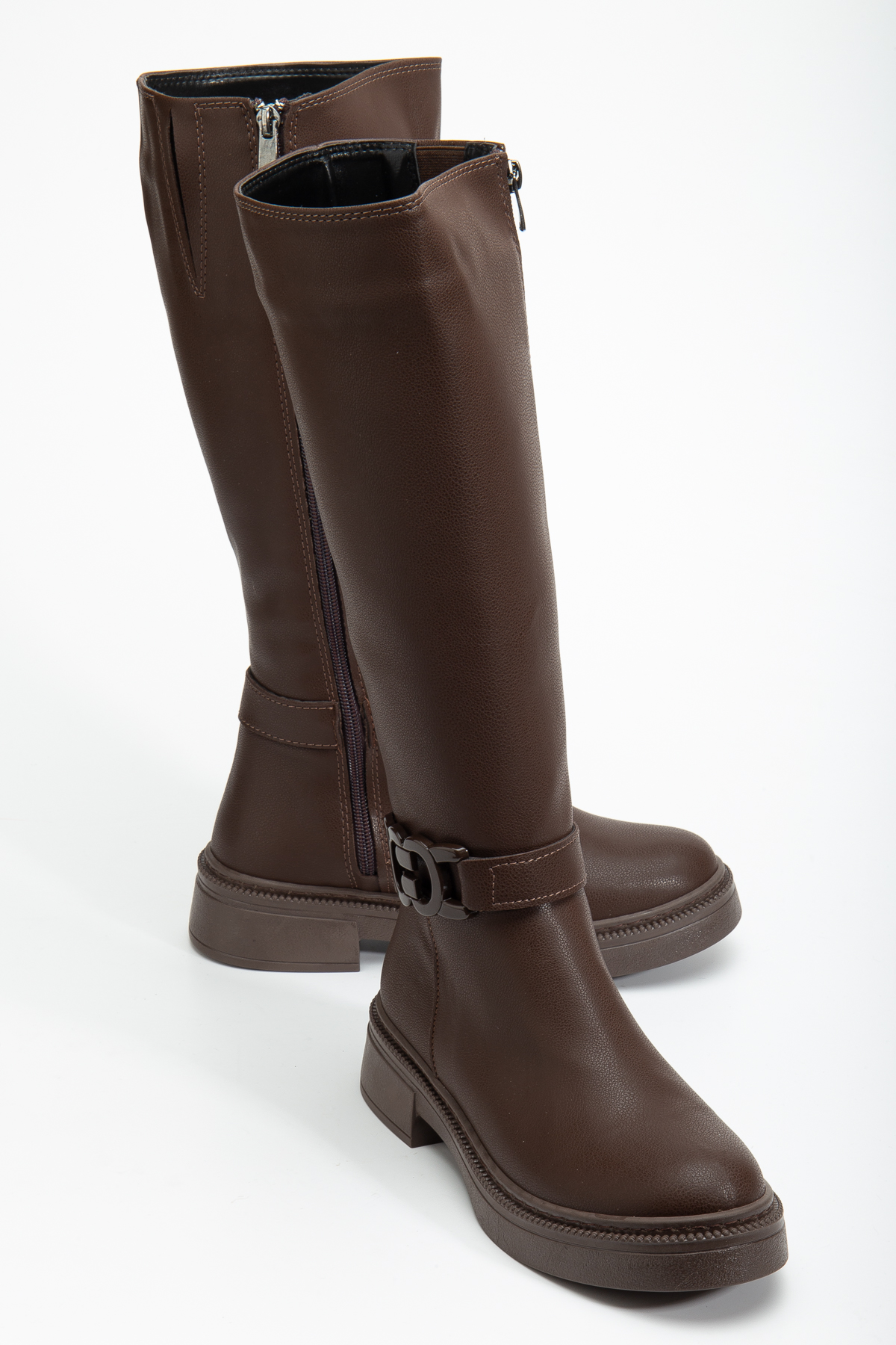 Kadın Kahve Cilt Kalın Termo Taban Tokalı Fermuarlı Çizme - Görsel 4