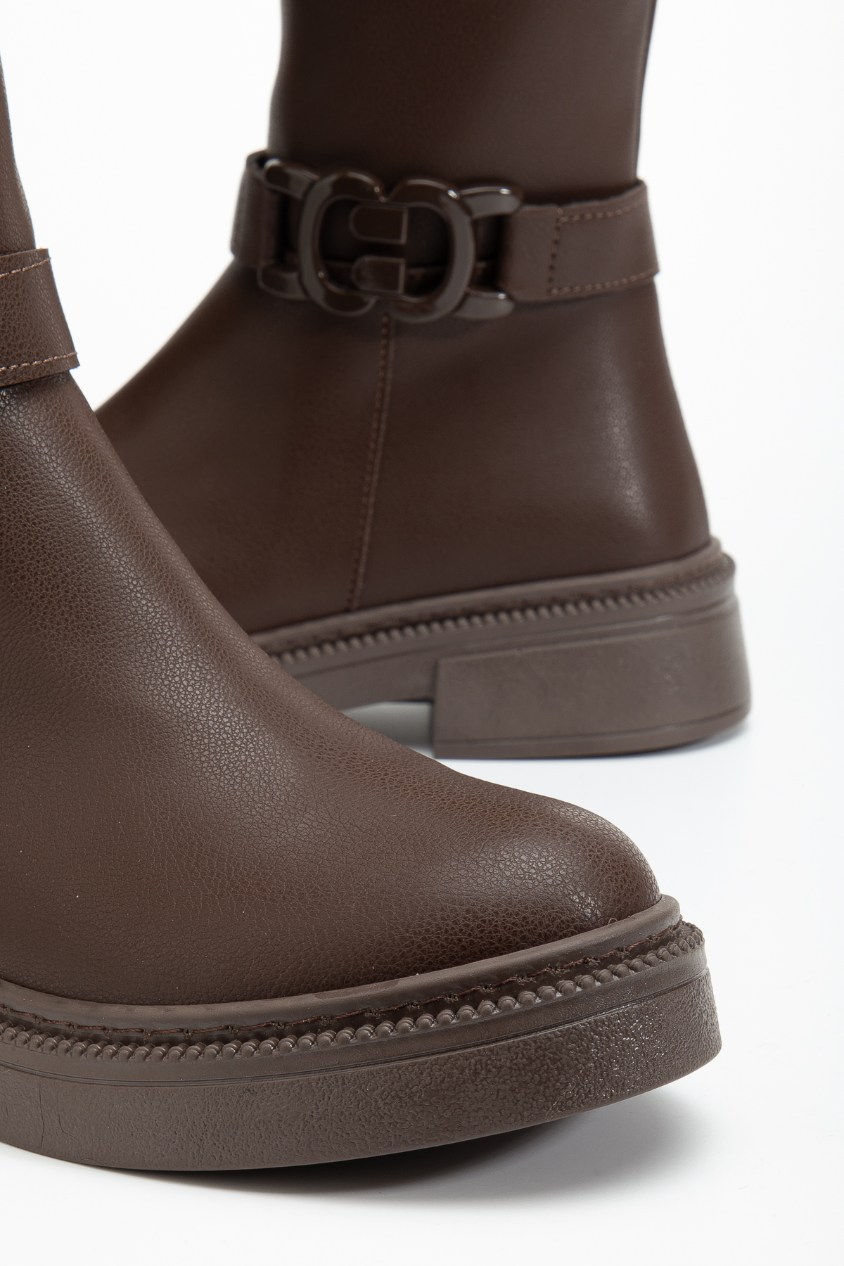 Kadın Kahve Cilt Kalın Termo Taban Tokalı Fermuarlı Çizme - Görsel 5