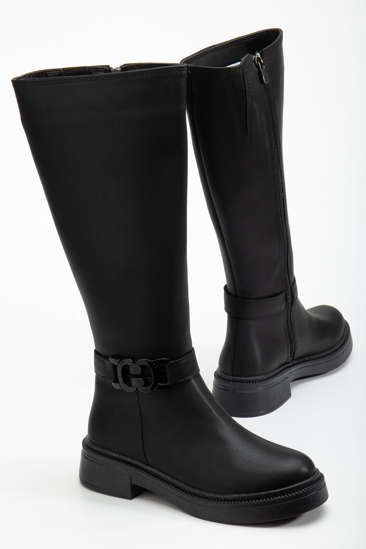 Kadın Siyah Cilt Kalın Termo Taban Tokalı Fermuarlı Çizme - Görsel 3