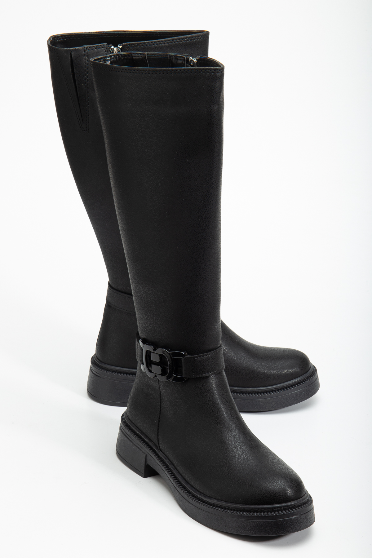 Kadın Siyah Cilt Kalın Termo Taban Tokalı Fermuarlı Çizme - Görsel 4