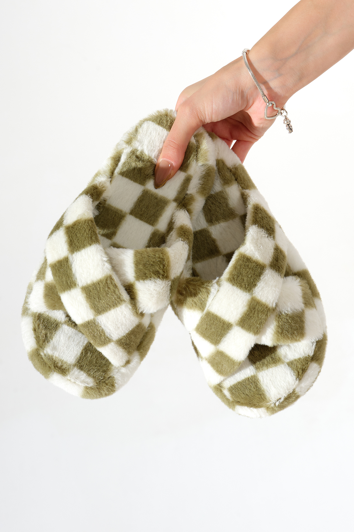 Kadın Yeşil Kroko Desenli Çapraz Peluş Ev Terliği - Görsel 3