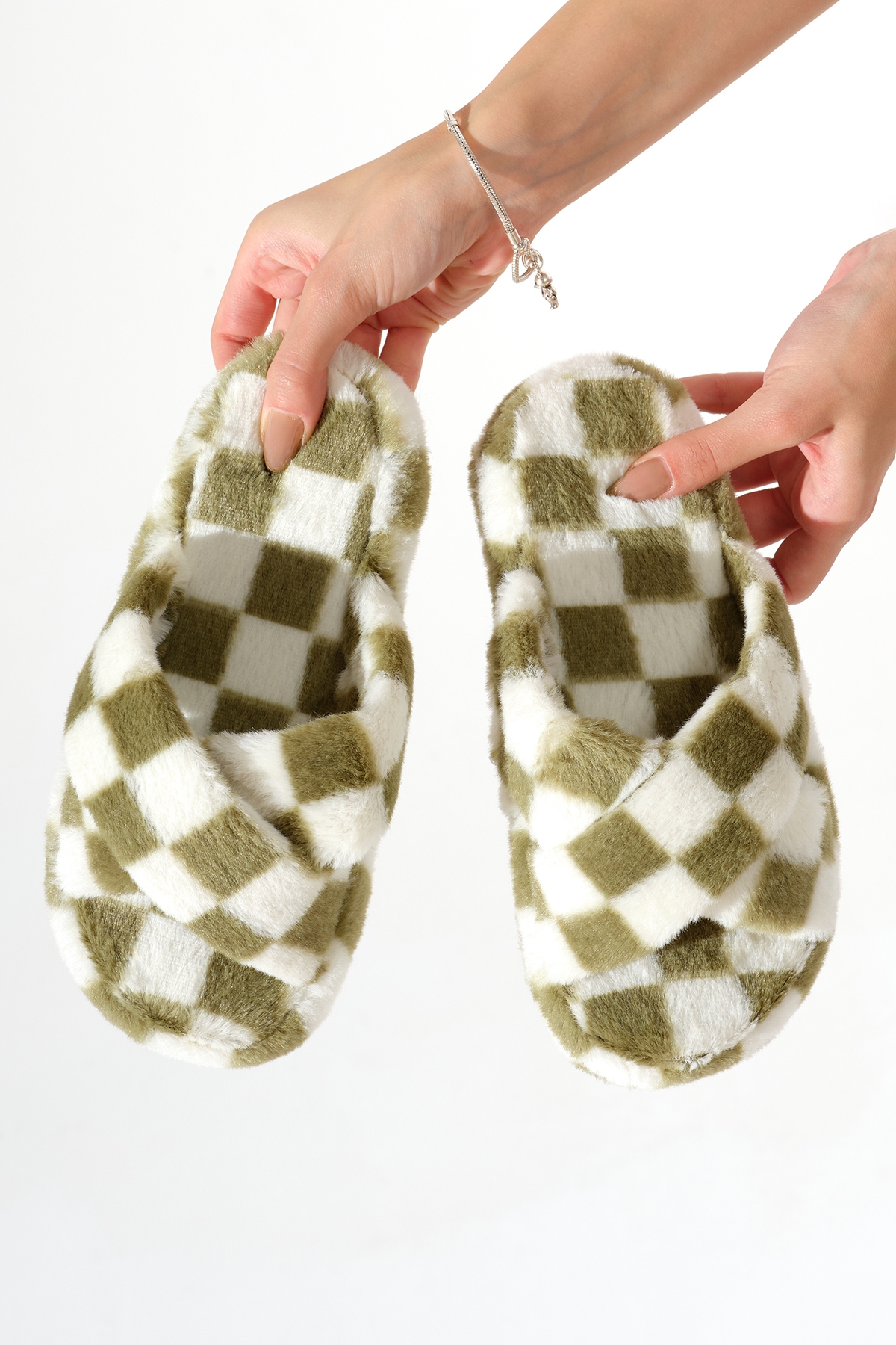 Kadın Yeşil Kroko Desenli Çapraz Peluş Ev Terliği - Görsel 4