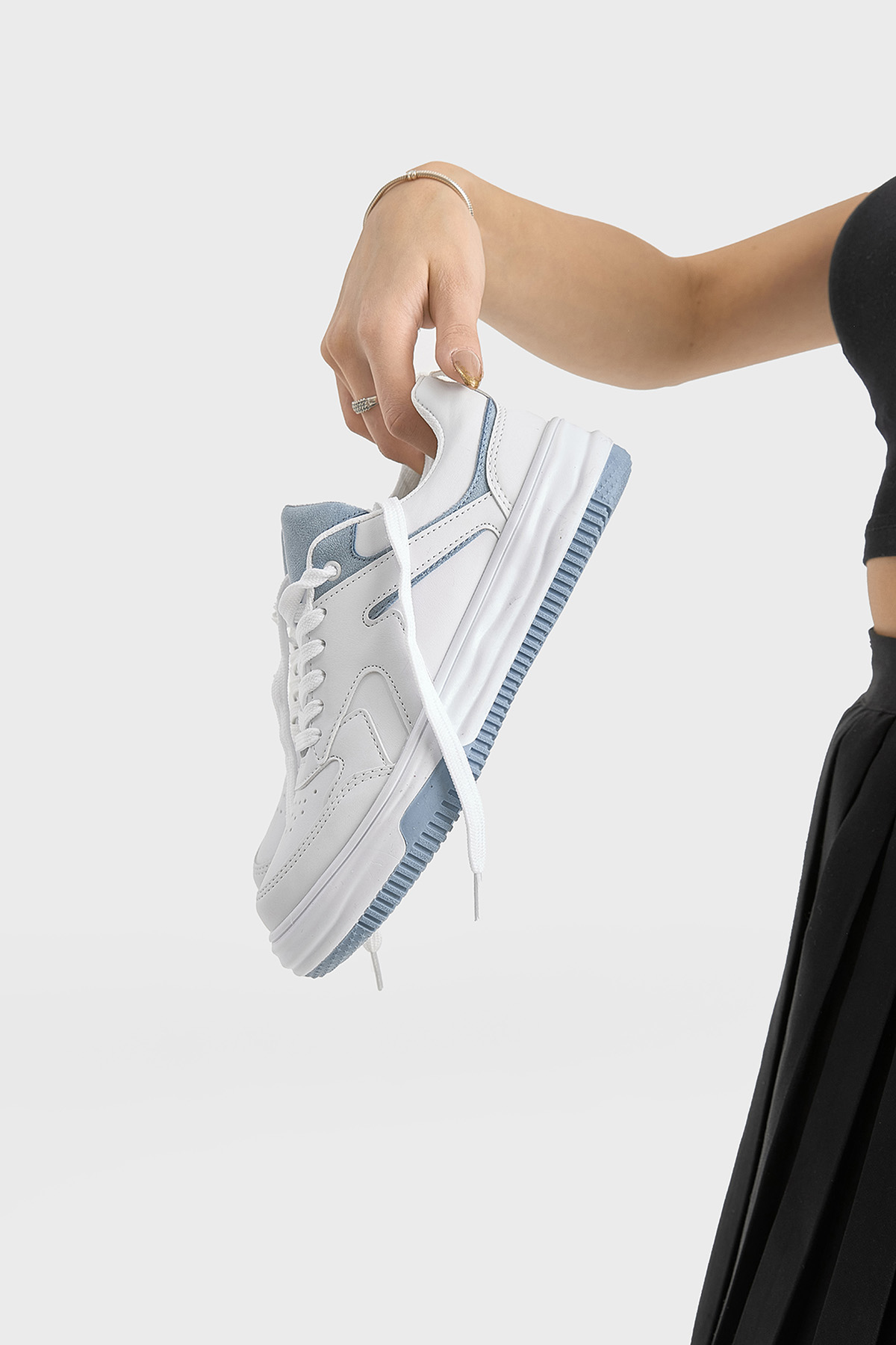 Kadın Beyaz Mavi Termo Taban Bağcıklı Spor Ayakkabı - Görsel 3