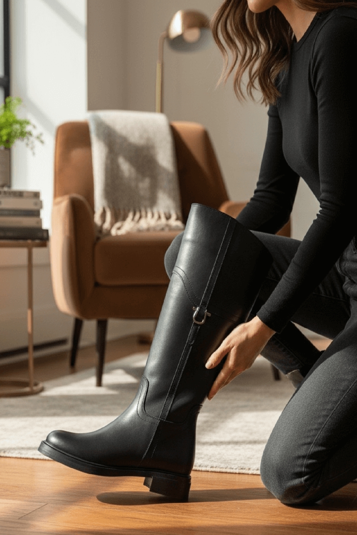 Hulbery Siyah Deri ( 3,5 Cm Topuk Boyu) Yanı Tokalı Günlük Kadın Çizme - Görsel 3