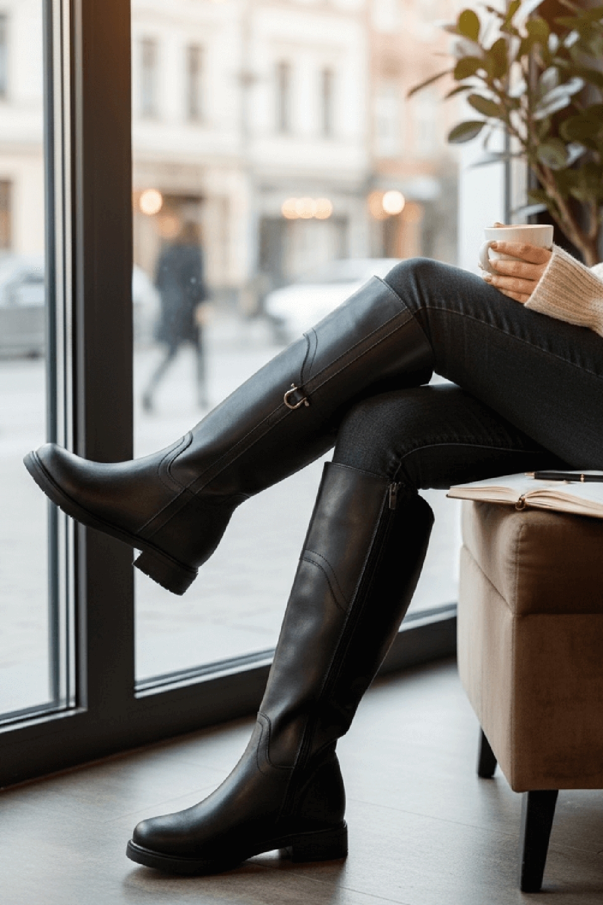 Hulbery Siyah Deri ( 3,5 Cm Topuk Boyu) Yanı Tokalı Günlük Kadın Çizme - Görsel 4