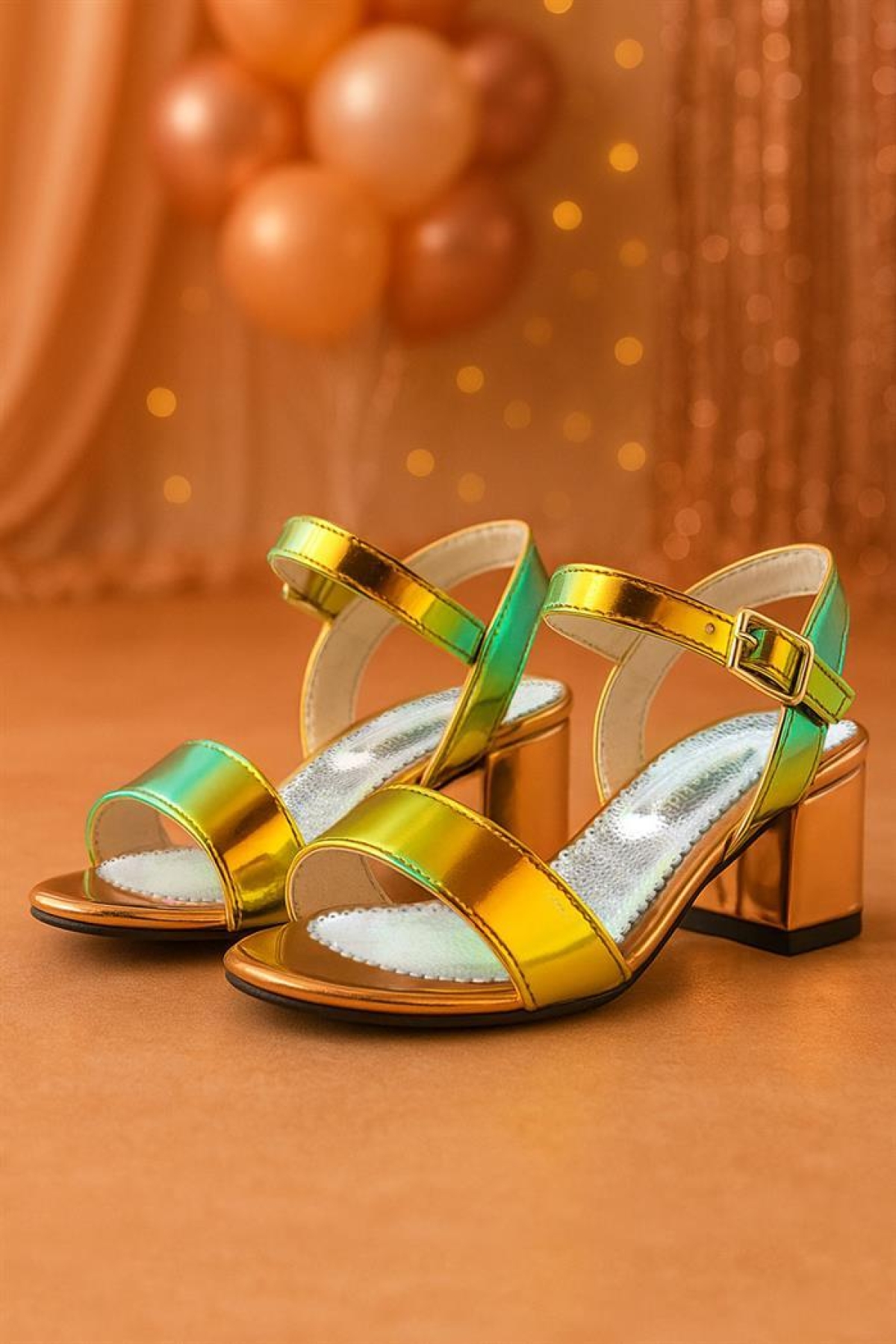 Pony Hologram Bakır-Yeşil Kalın Topuklu Kız Çocuk Abiye Ayakkabı - Görsel 3