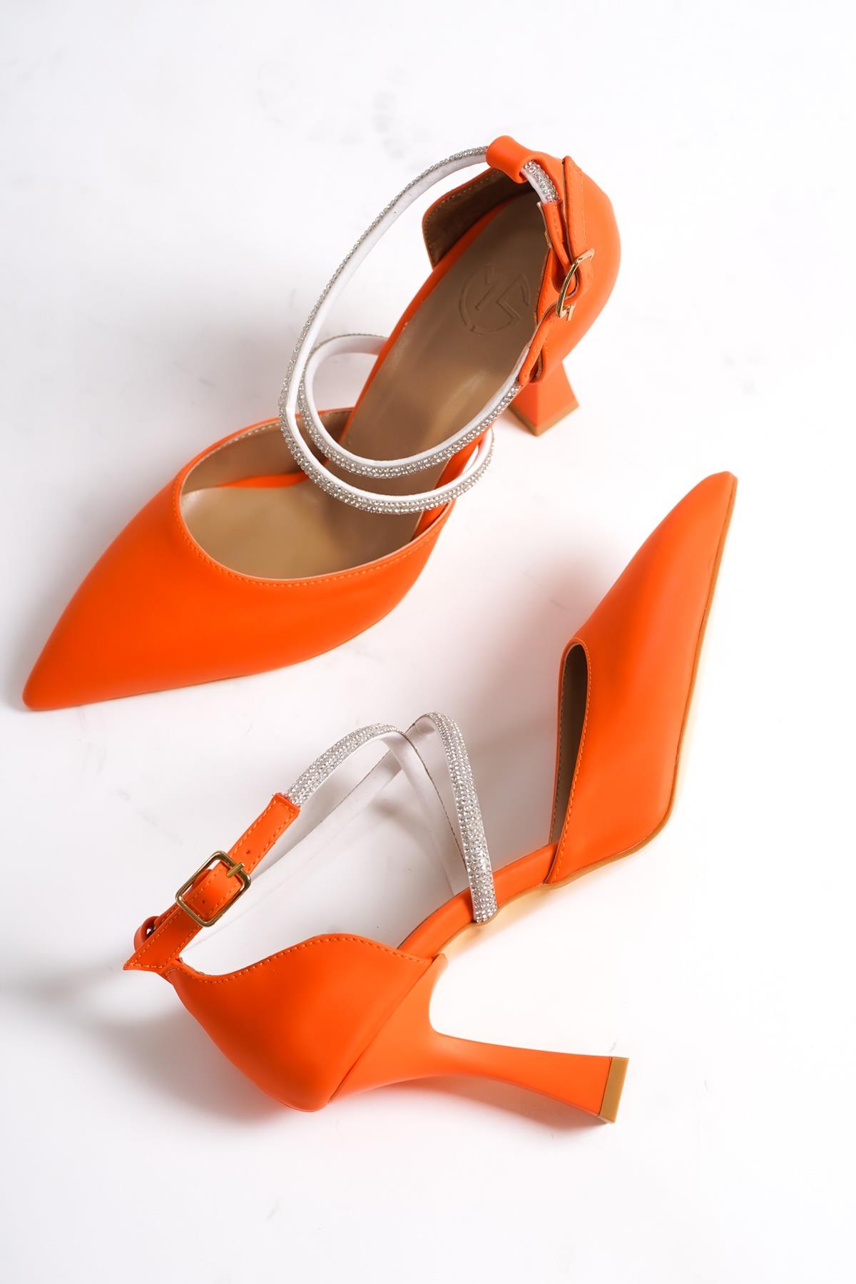 Kalice Turuncu Taşlı Stiletto Abiye Topuklu Ayakkabı - Görsel 3