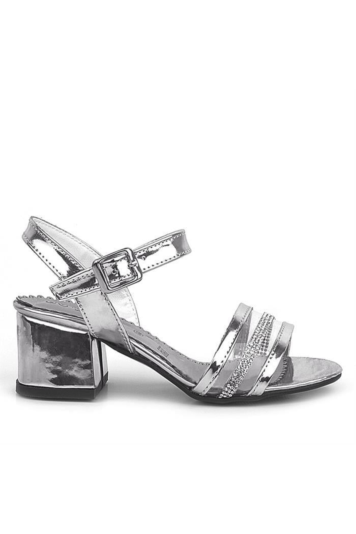Platin Gri Rugan Taşlı Kalın Kız Çocuk Abiye Topuklu Ayakkabı - Görsel 4