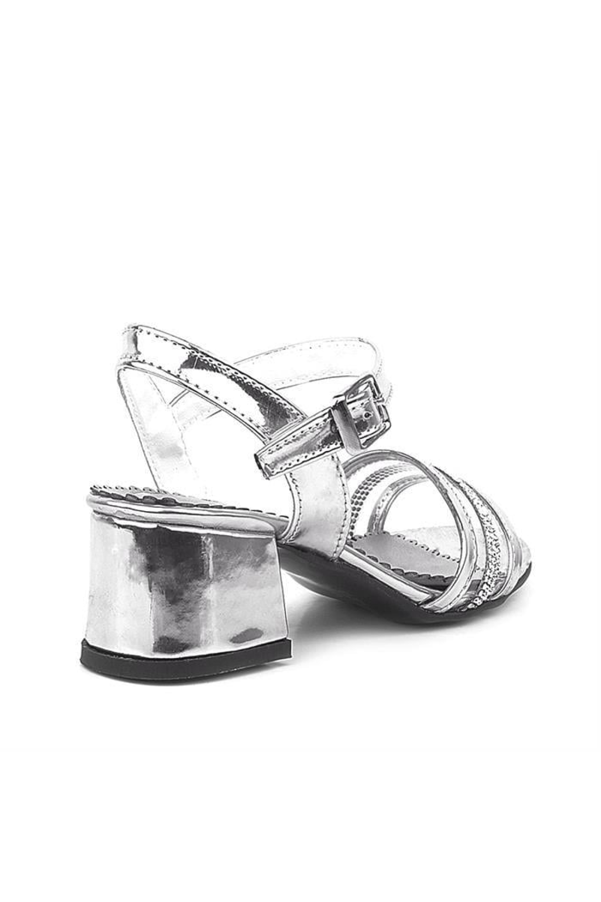 Platin Gri Rugan Taşlı Kalın Kız Çocuk Abiye Topuklu Ayakkabı - Görsel 5