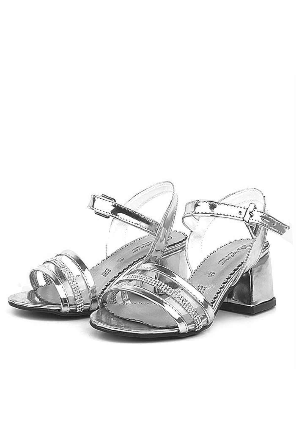 Platin Gri Rugan Taşlı Kalın Kız Çocuk Abiye Topuklu Ayakkabı - Görsel 7