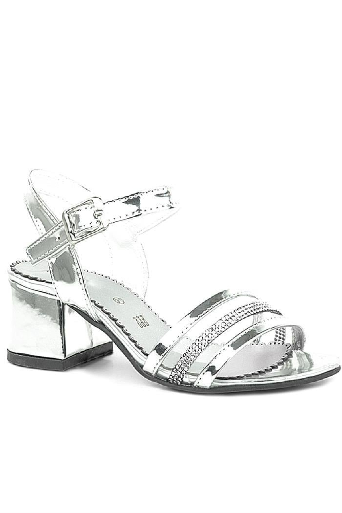 Gümüş Gri Rugan Taşlı Kalın Kız Çocuk Abiye Topuklu Ayakkabı - Görsel 2