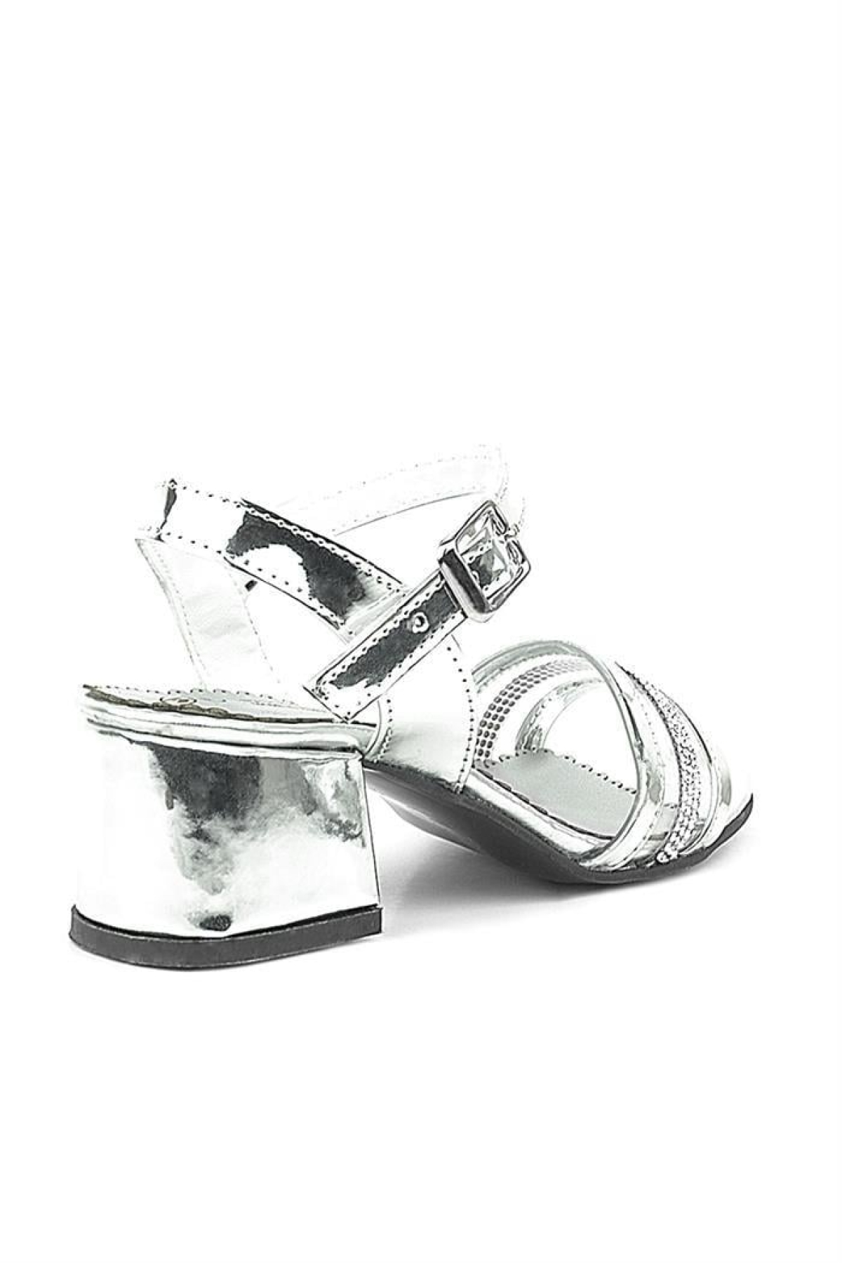 Gümüş Gri Rugan Taşlı Kalın Kız Çocuk Abiye Topuklu Ayakkabı - Görsel 6