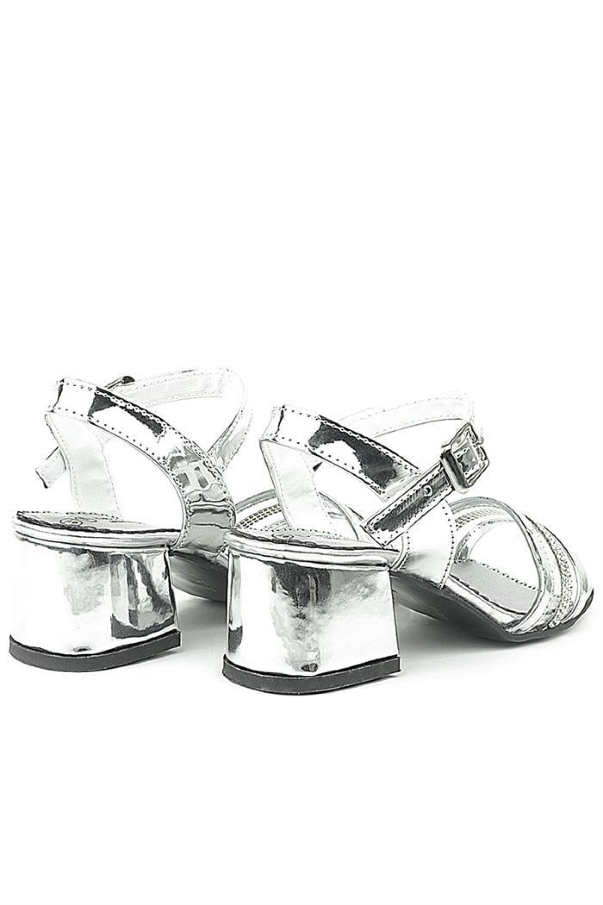 Gümüş Gri Rugan Taşlı Kalın Kız Çocuk Abiye Topuklu Ayakkabı - Görsel 7