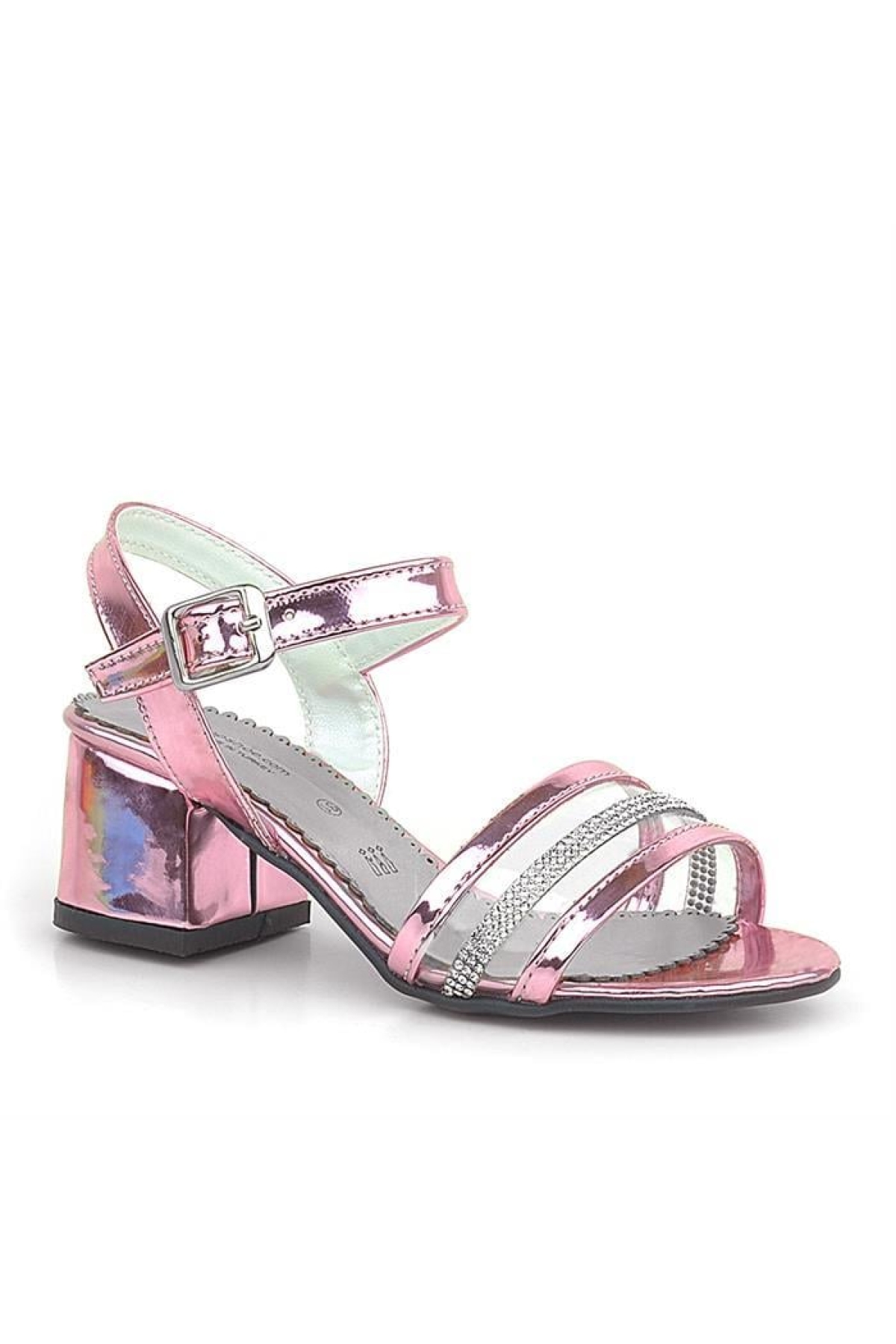 Pembe Rugan Taşlı Kalın Kız Çocuk Abiye Topuklu Ayakkabı - Görsel 2