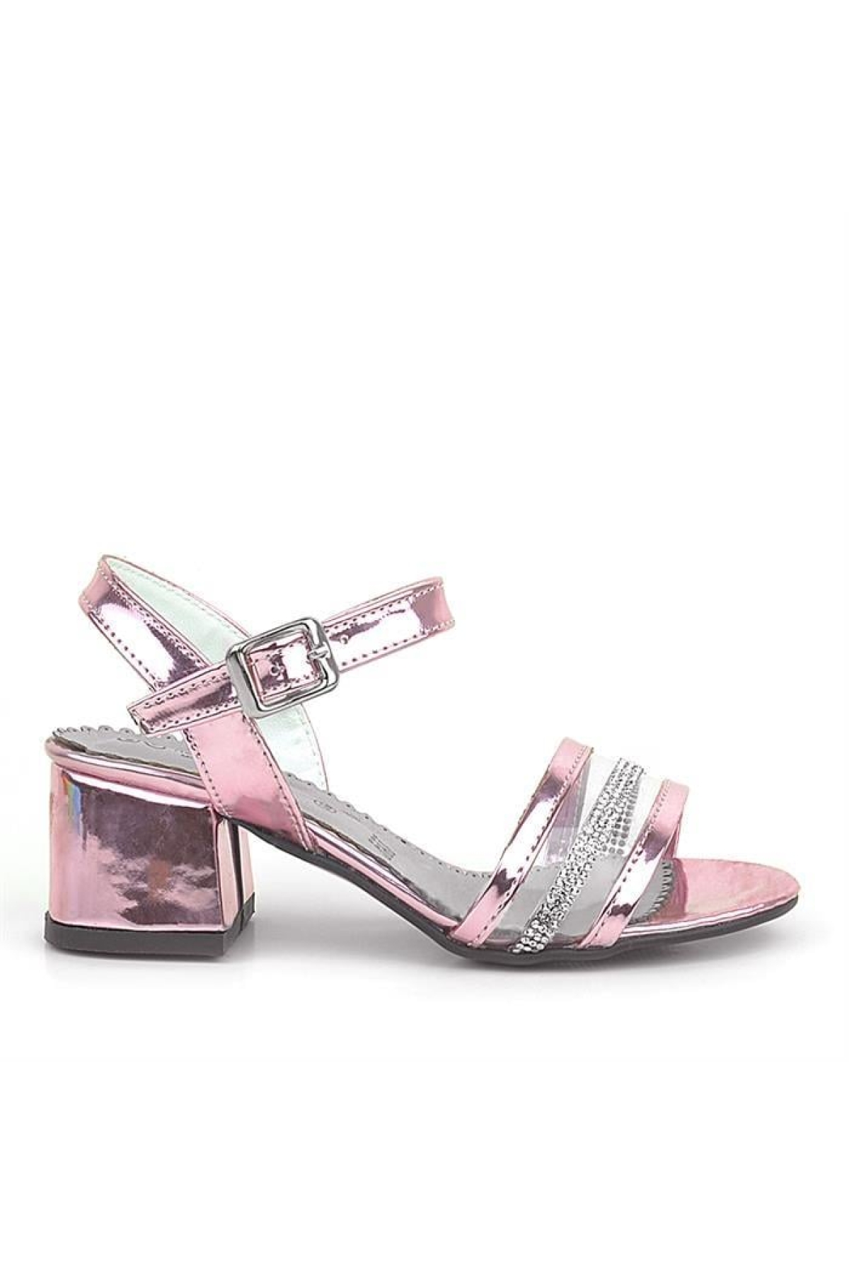 Pembe Rugan Taşlı Kalın Kız Çocuk Abiye Topuklu Ayakkabı - Görsel 4